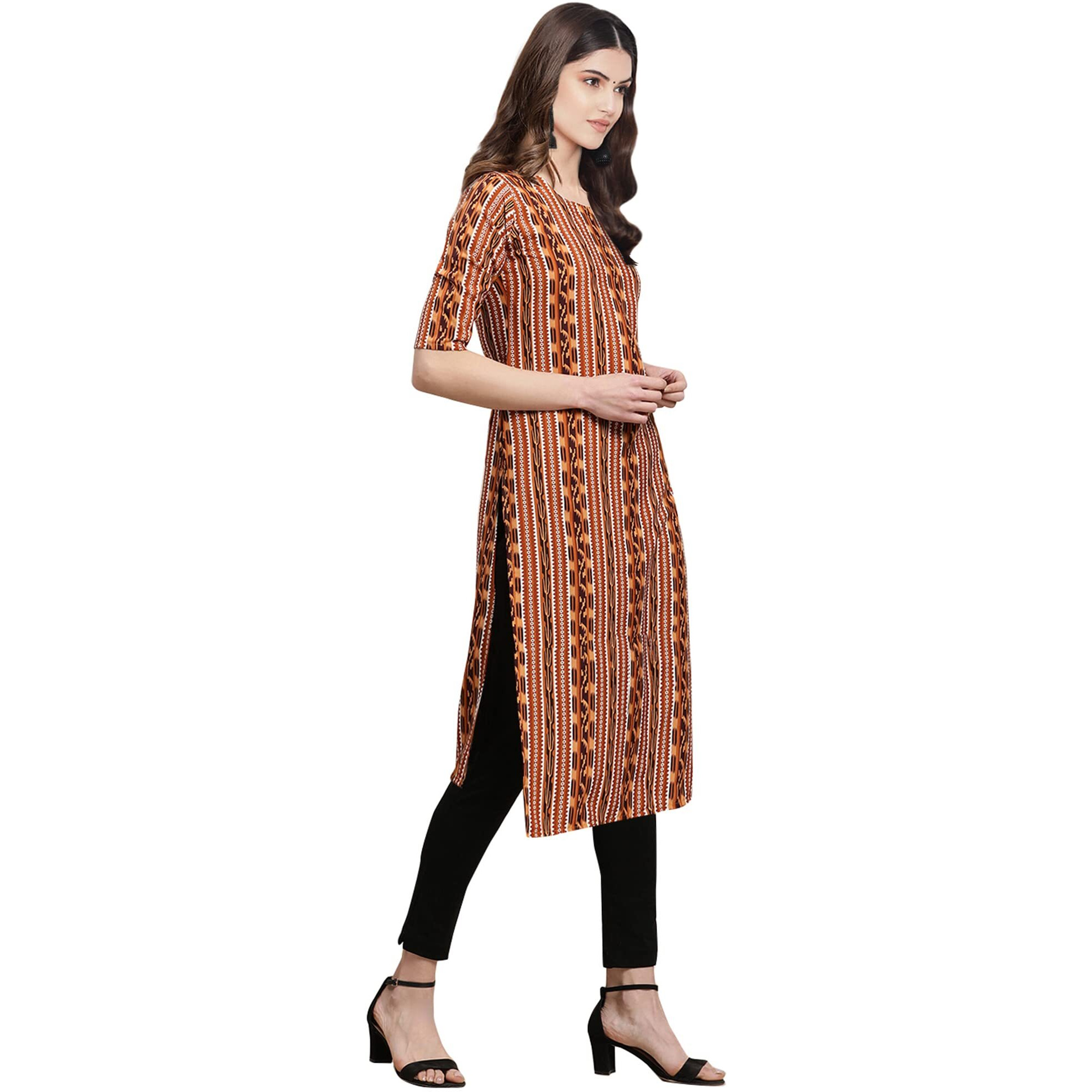 Pinkmint Women's Crepe Multicolor Color Striped Digital Printed Straight Kurti [F-530344_M]