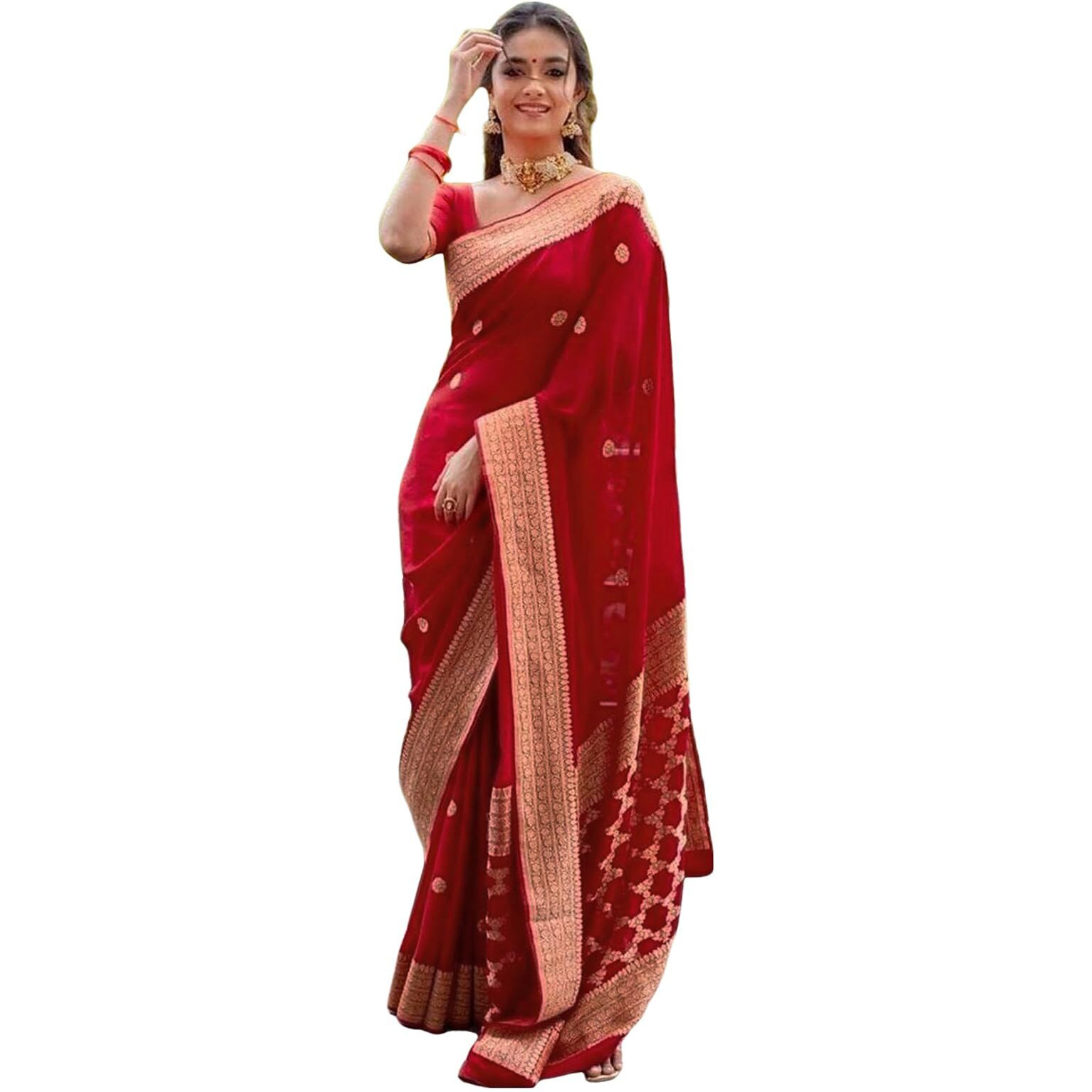 Satrani Women's Art Silk Jacquard Saree with Unstitched Blouse Piece (3382S386N_Red & Golden2)