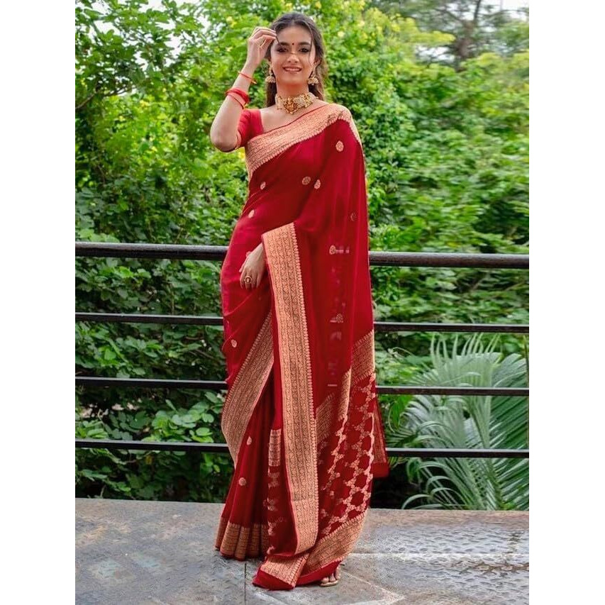 Satrani Women's Art Silk Jacquard Saree with Unstitched Blouse Piece (3382S386N_Red & Golden2)