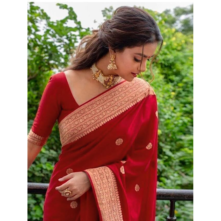 Satrani Women's Art Silk Jacquard Saree with Unstitched Blouse Piece (3382S386N_Red & Golden2)