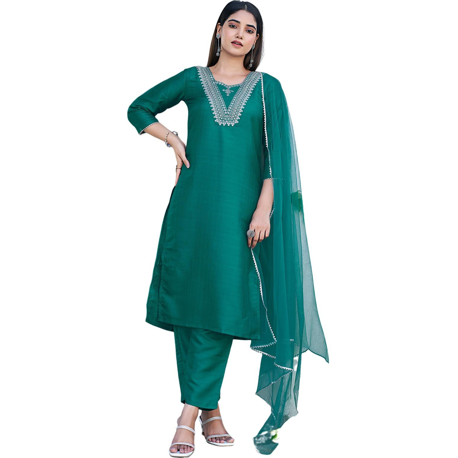 Sanisa Women's Art Silk Sequence Embroidery Work Straight Kurta with Pant and Dupatta Set(143KBD1552N-XXL_Teal Green6)
