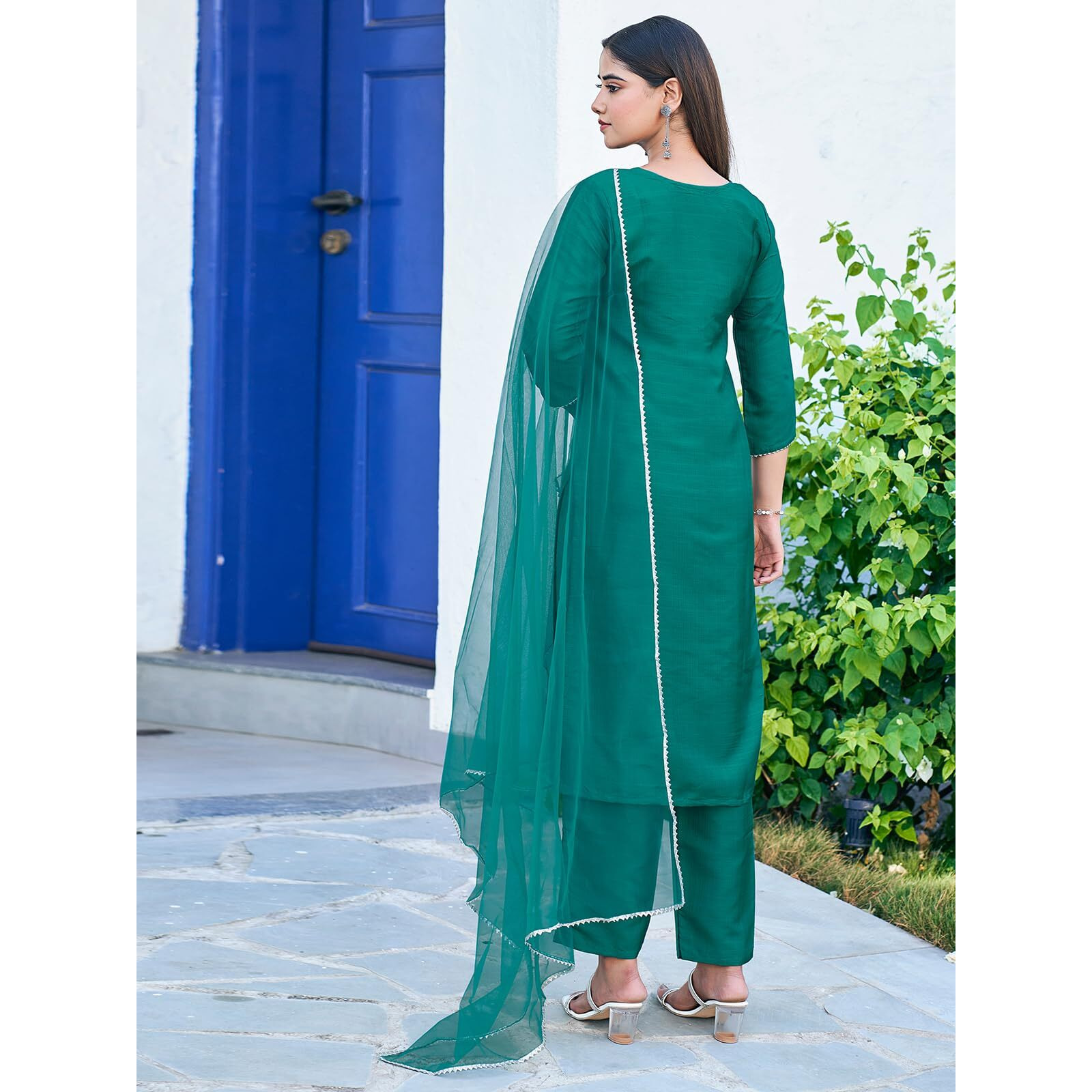 Sanisa Women's Art Silk Sequence Embroidery Work Straight Kurta with Pant and Dupatta Set(143KBD1552N-XXL_Teal Green6)