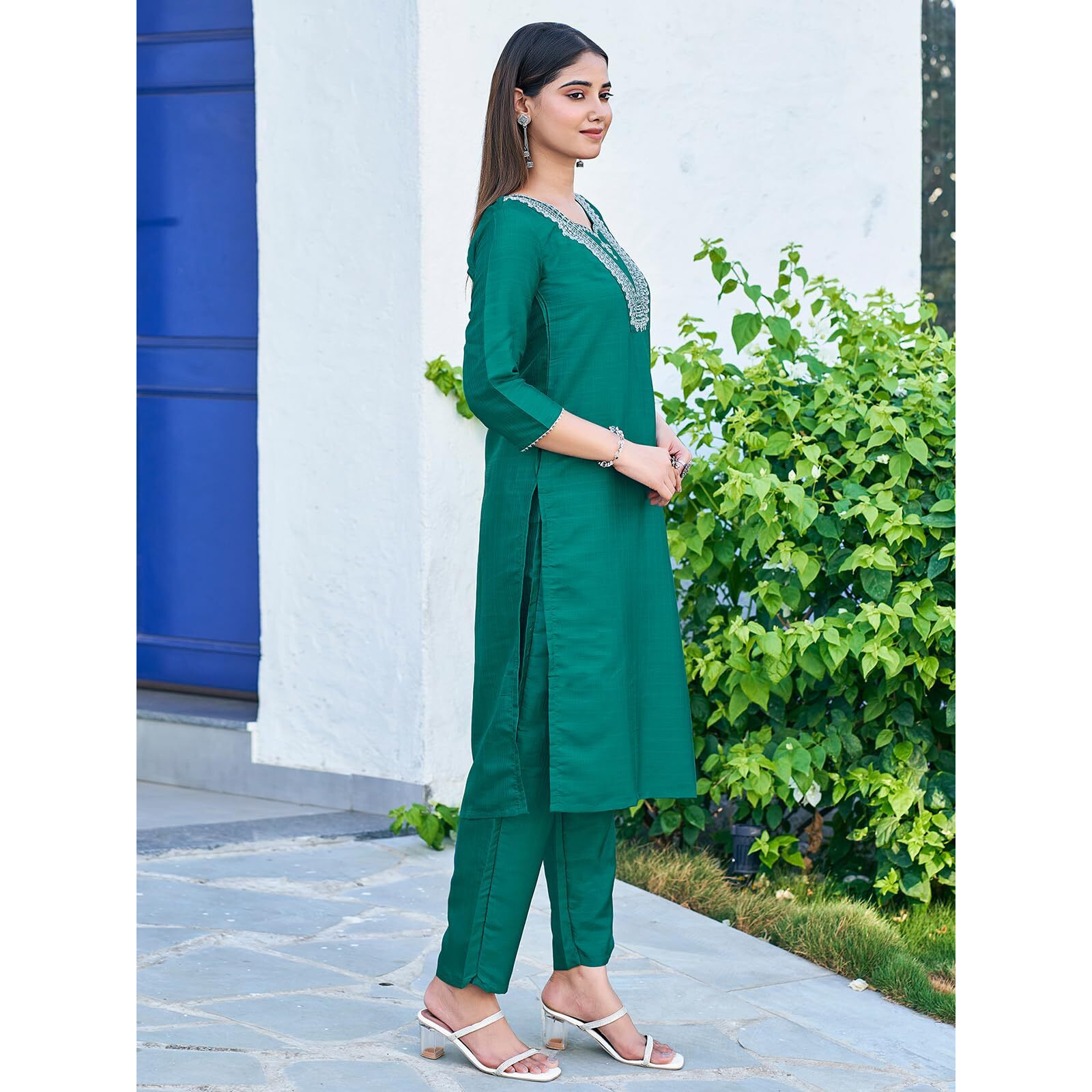 Sanisa Women's Art Silk Sequence Embroidery Work Straight Kurta with Pant and Dupatta Set(143KBD1552N-XXL_Teal Green6)