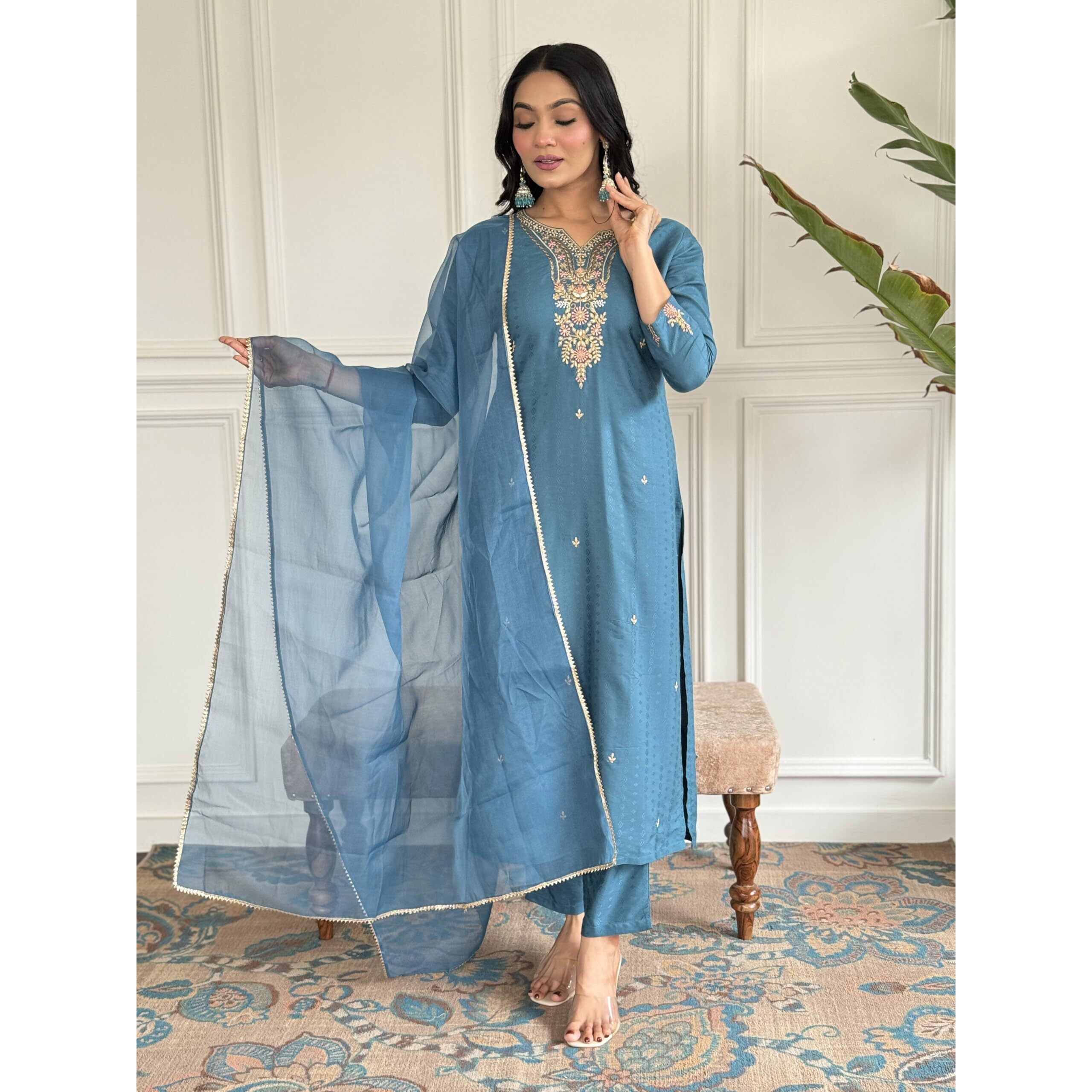 Women's Rama Viscose Rayon Embroidered Straight Kurta with Viscose Rayon Pant and Organza Laced Dupatta Sets (NX-577-Rama-XXL)