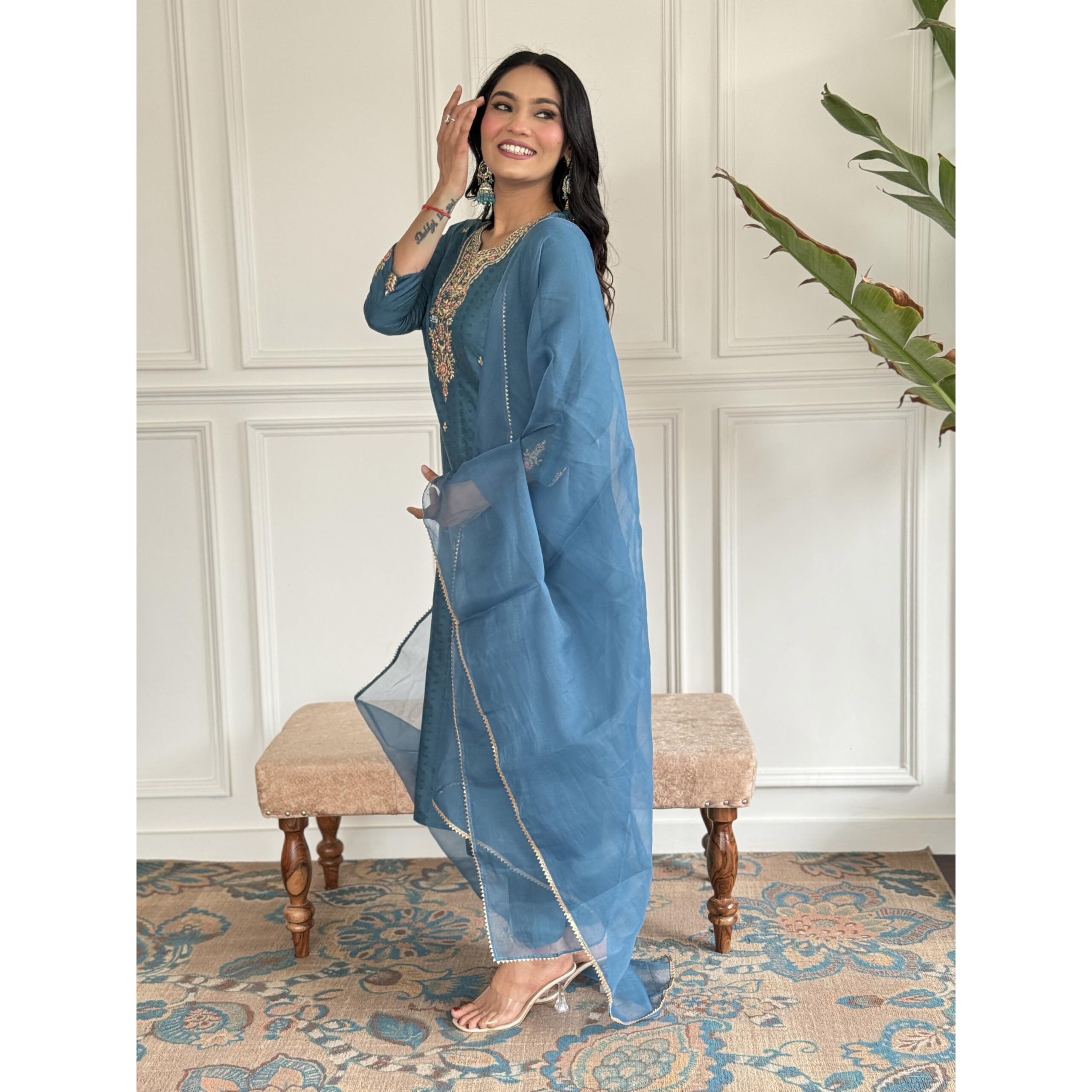 Women's Rama Viscose Rayon Embroidered Straight Kurta with Viscose Rayon Pant and Organza Laced Dupatta Sets (NX-577-Rama-XXL)