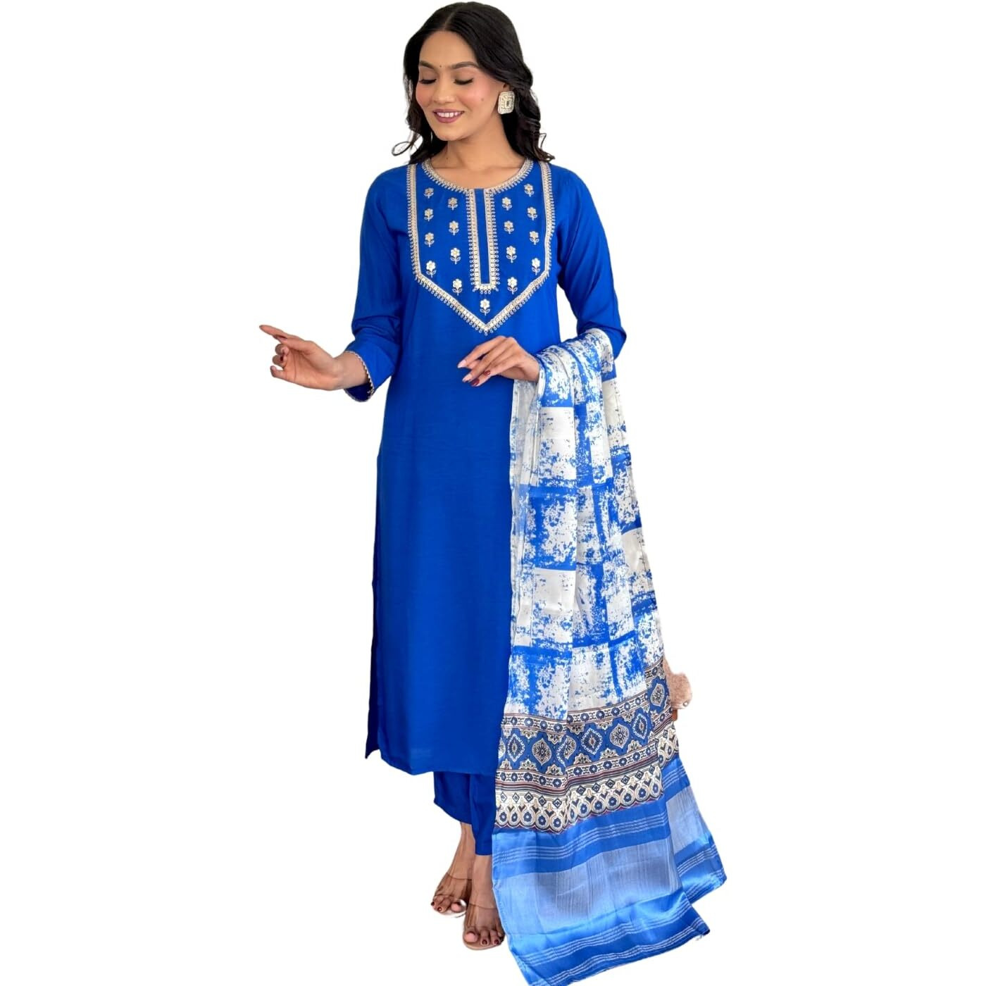 Naixa Women's Blue Viscose Embroidered Straight Kurta with Viscose Pant and Silk Blend Printed Dupatta Sets (NK-430-Blue-XL)
