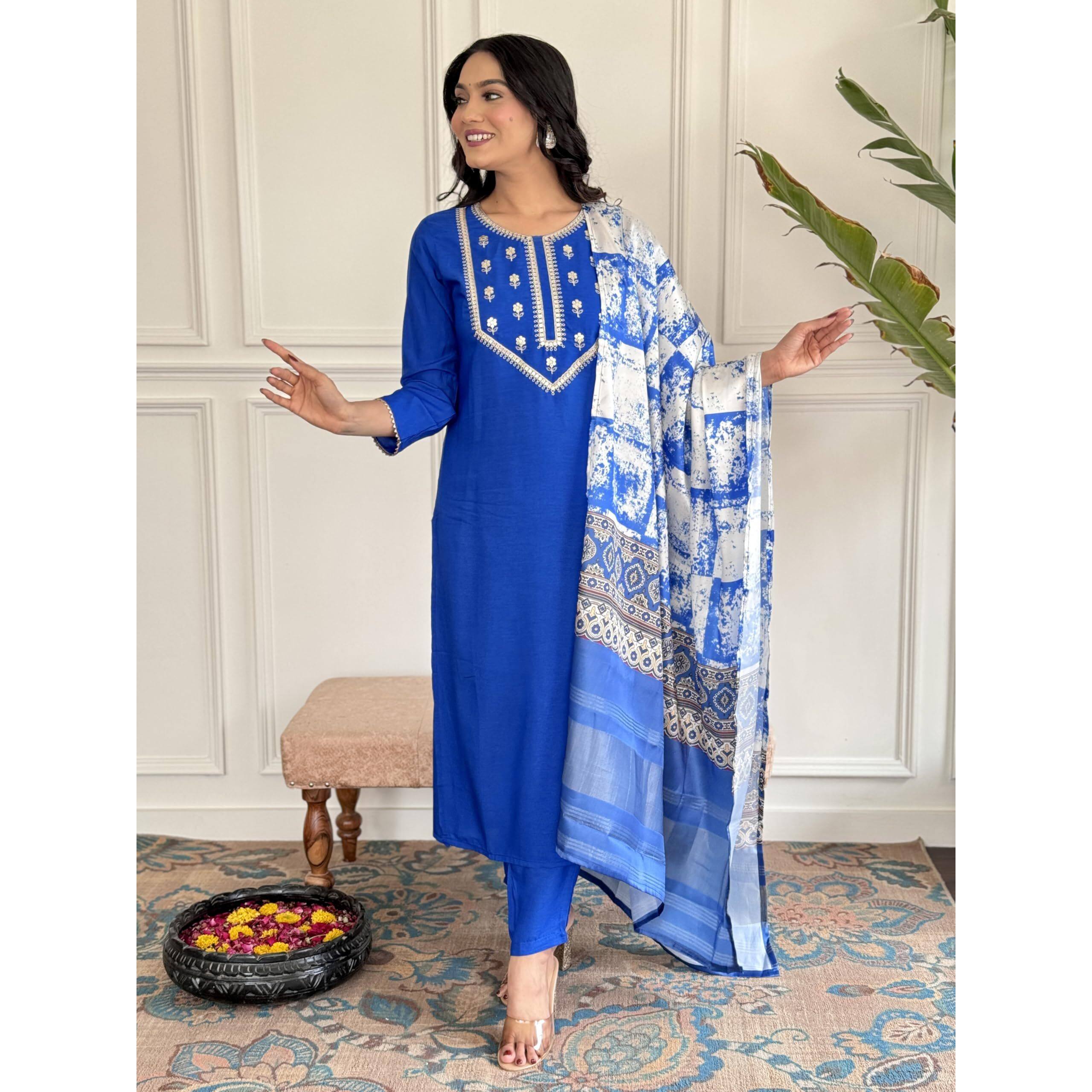 Naixa Women's Blue Viscose Embroidered Straight Kurta with Viscose Pant and Silk Blend Printed Dupatta Sets (NK-430-Blue-XL)