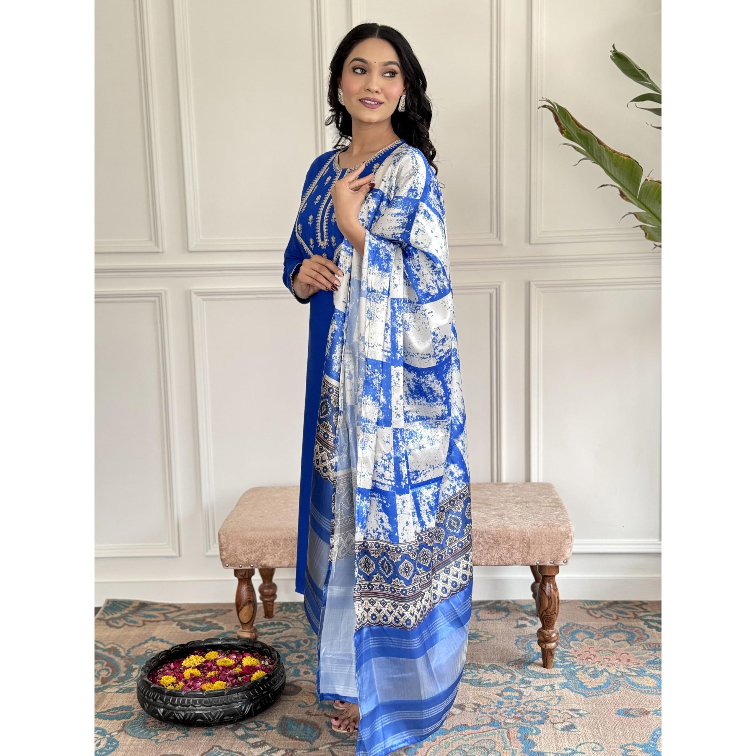 Naixa Women's Blue Viscose Embroidered Straight Kurta with Viscose Pant and Silk Blend Printed Dupatta Sets (NK-430-Blue-XL)