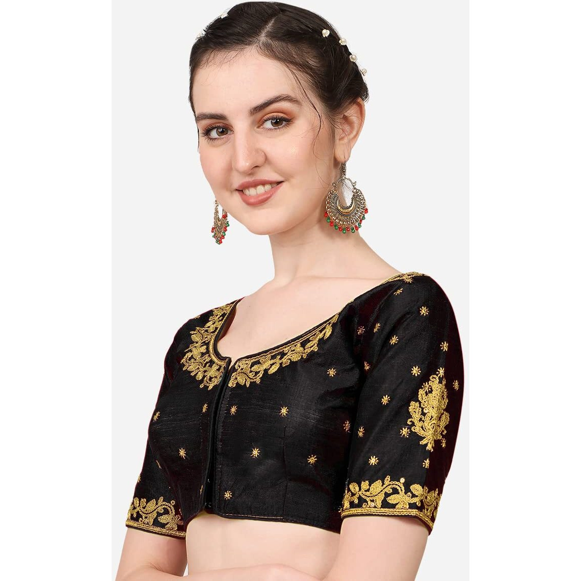 Vihu Fashion Women's Multicolour Phantom Silk Heavy Embroidery Half Sleeve Readymade Saree Blouse for Lehenga Choli (Black, 38)