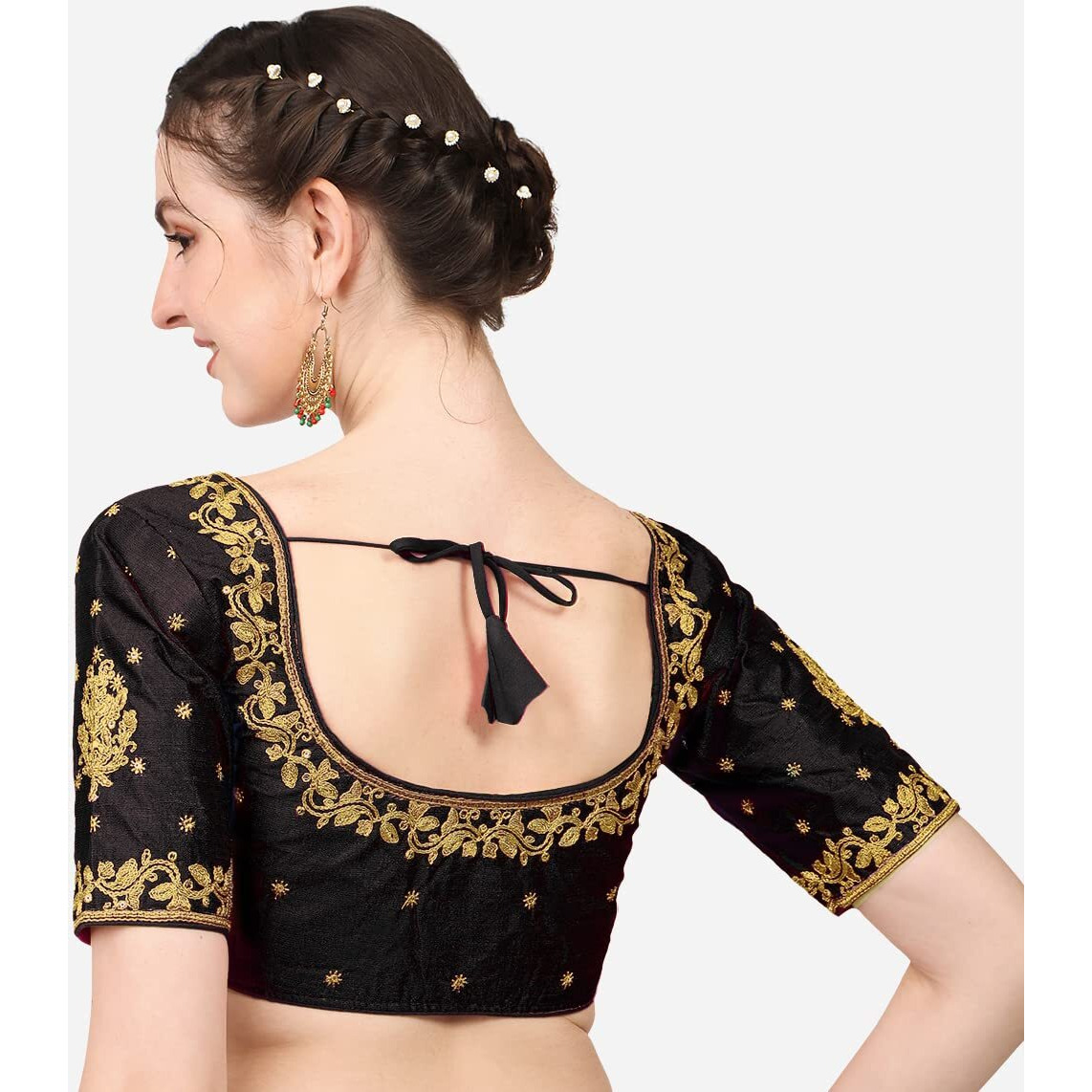 Vihu Fashion Women's Multicolour Phantom Silk Heavy Embroidery Half Sleeve Readymade Saree Blouse for Lehenga Choli (Black, 38)