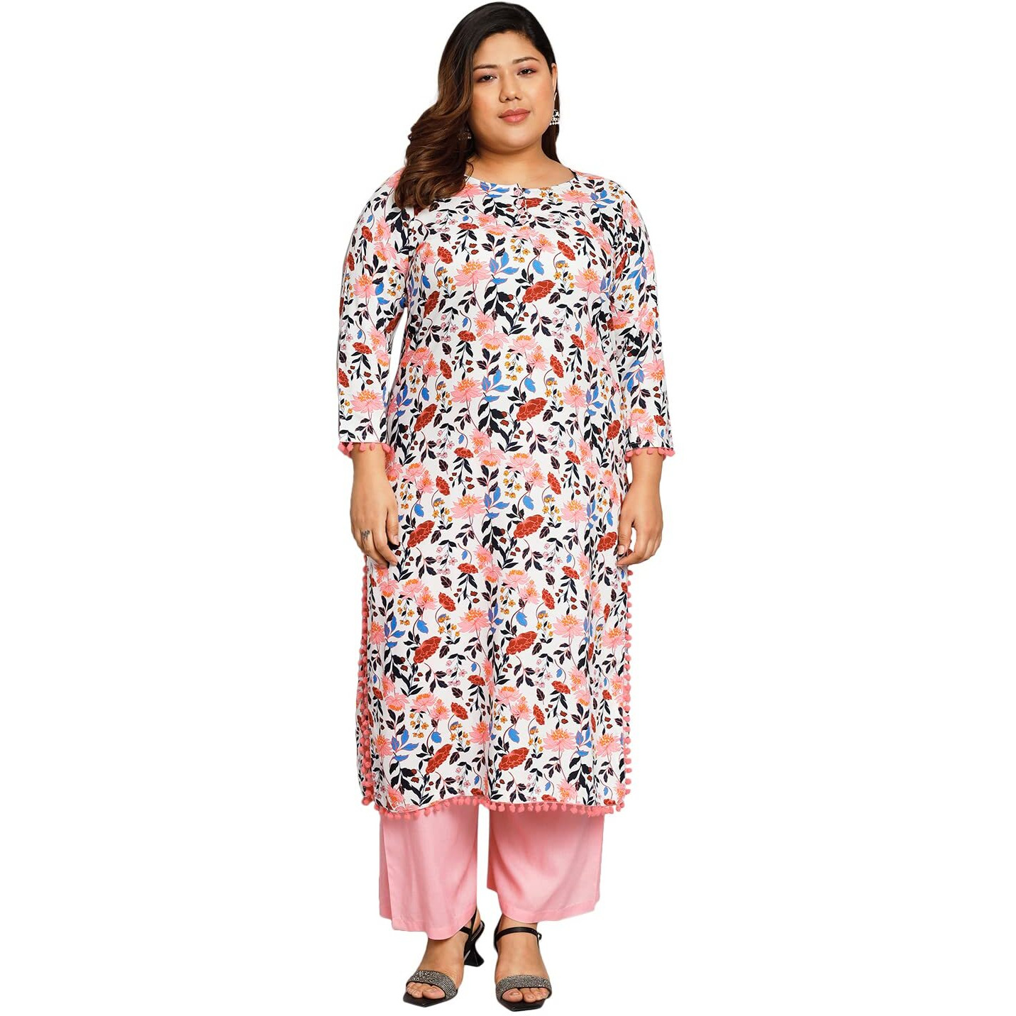 Tissu Women's Plus Size White & Pink Printed Kurta with Palazzo (T-Plus-653_White_5XL)