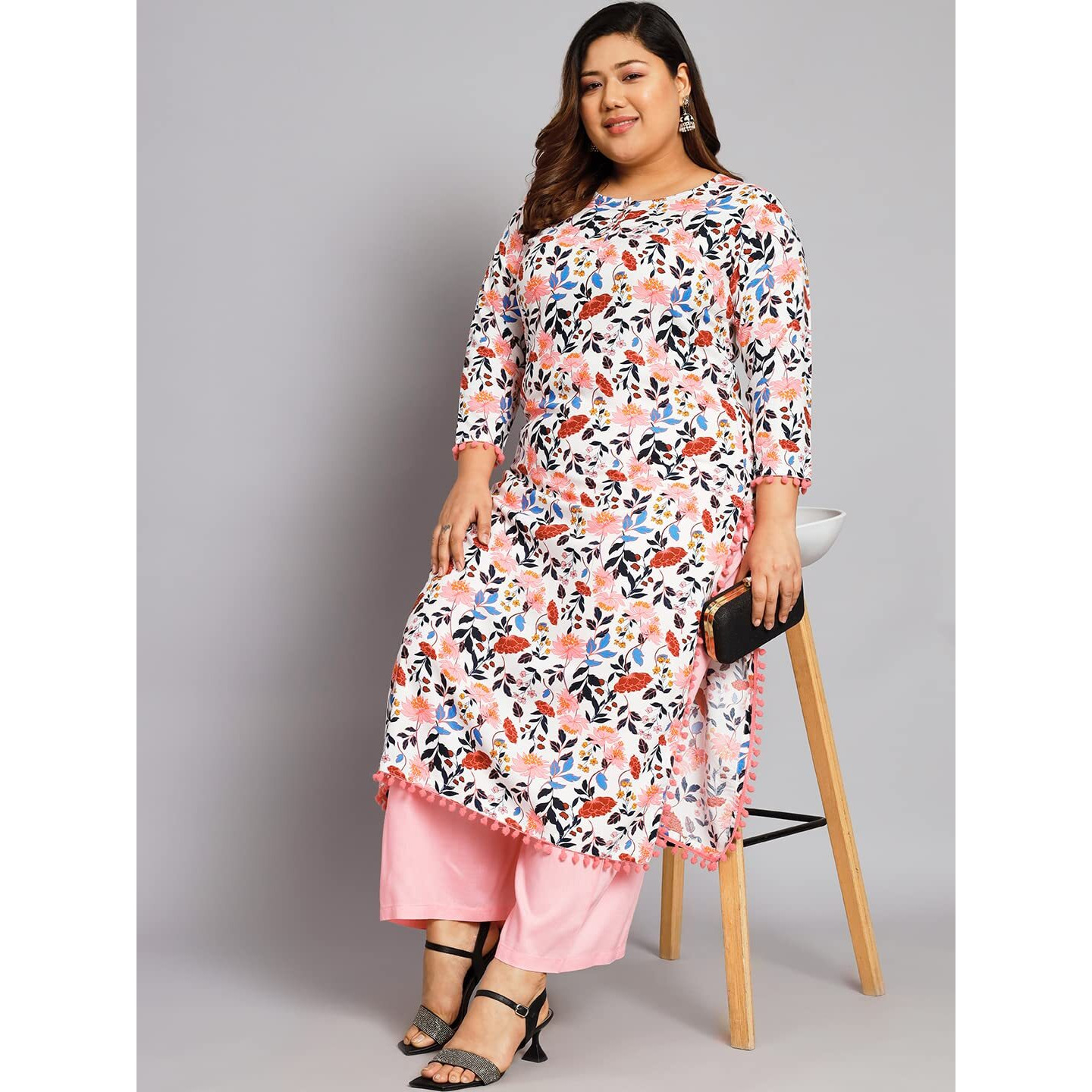 Tissu Women's Plus Size White & Pink Printed Kurta with Palazzo (T-Plus-653_White_5XL)