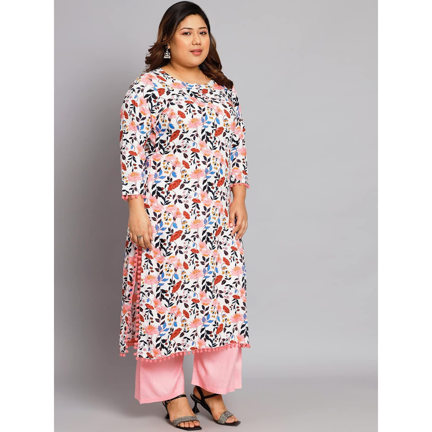 Tissu Women's Plus Size White & Pink Printed Kurta with Palazzo (T-Plus-653_White_5XL)