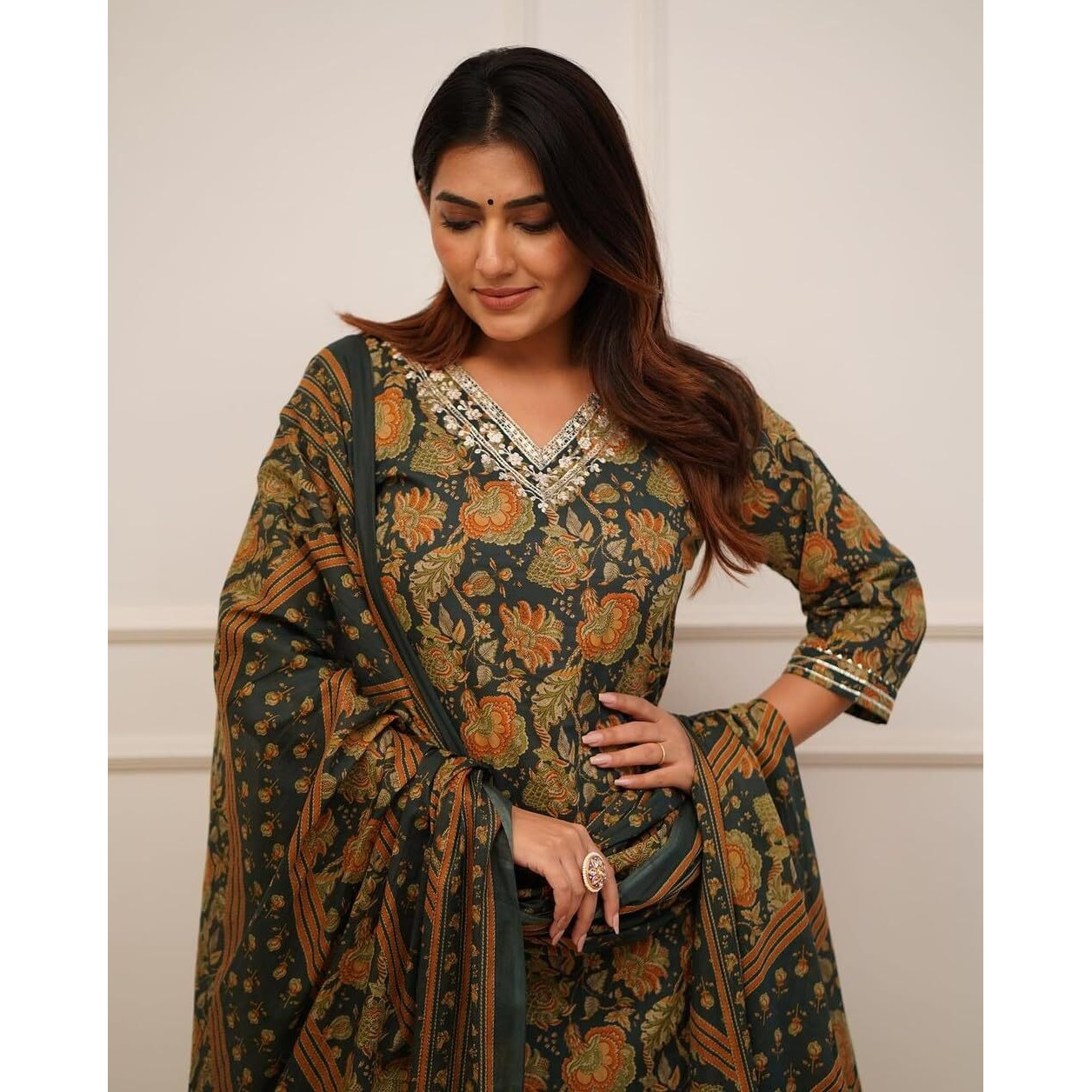 Nermosa Women Printed Straight Kurta and Pant with Dupatta (in, Alpha, XL, Green)