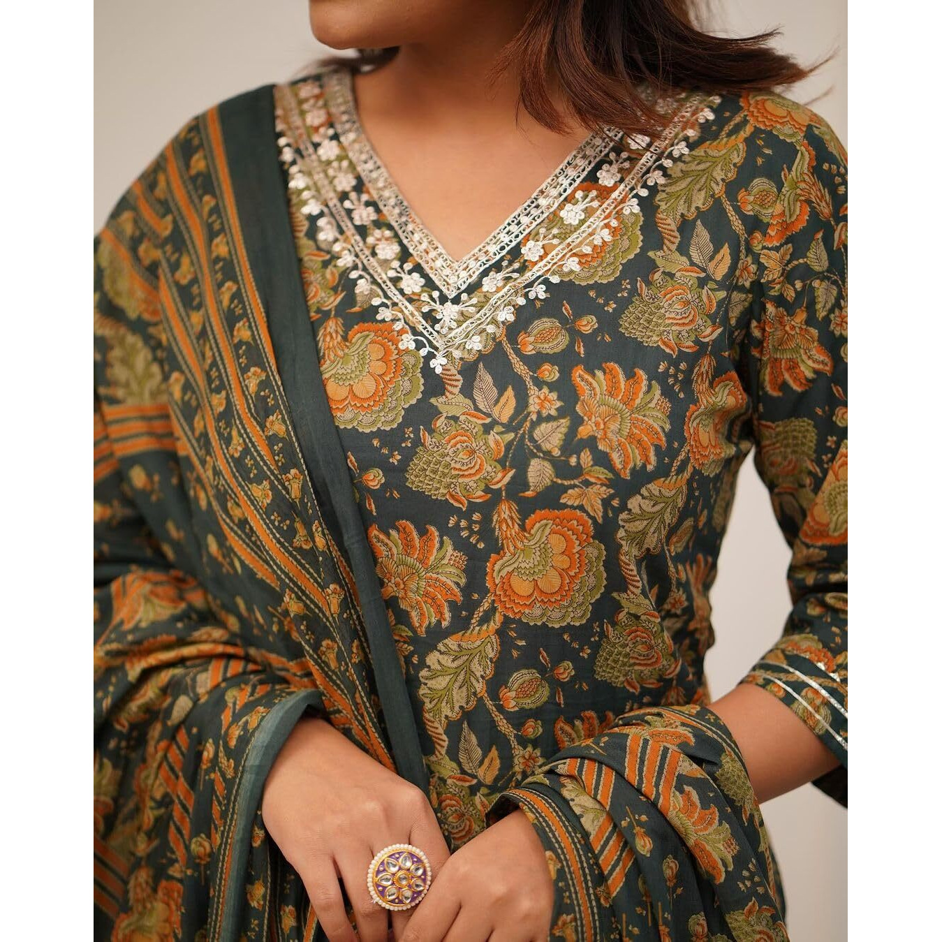 Nermosa Women Printed Straight Kurta and Pant with Dupatta (in, Alpha, XL, Green)