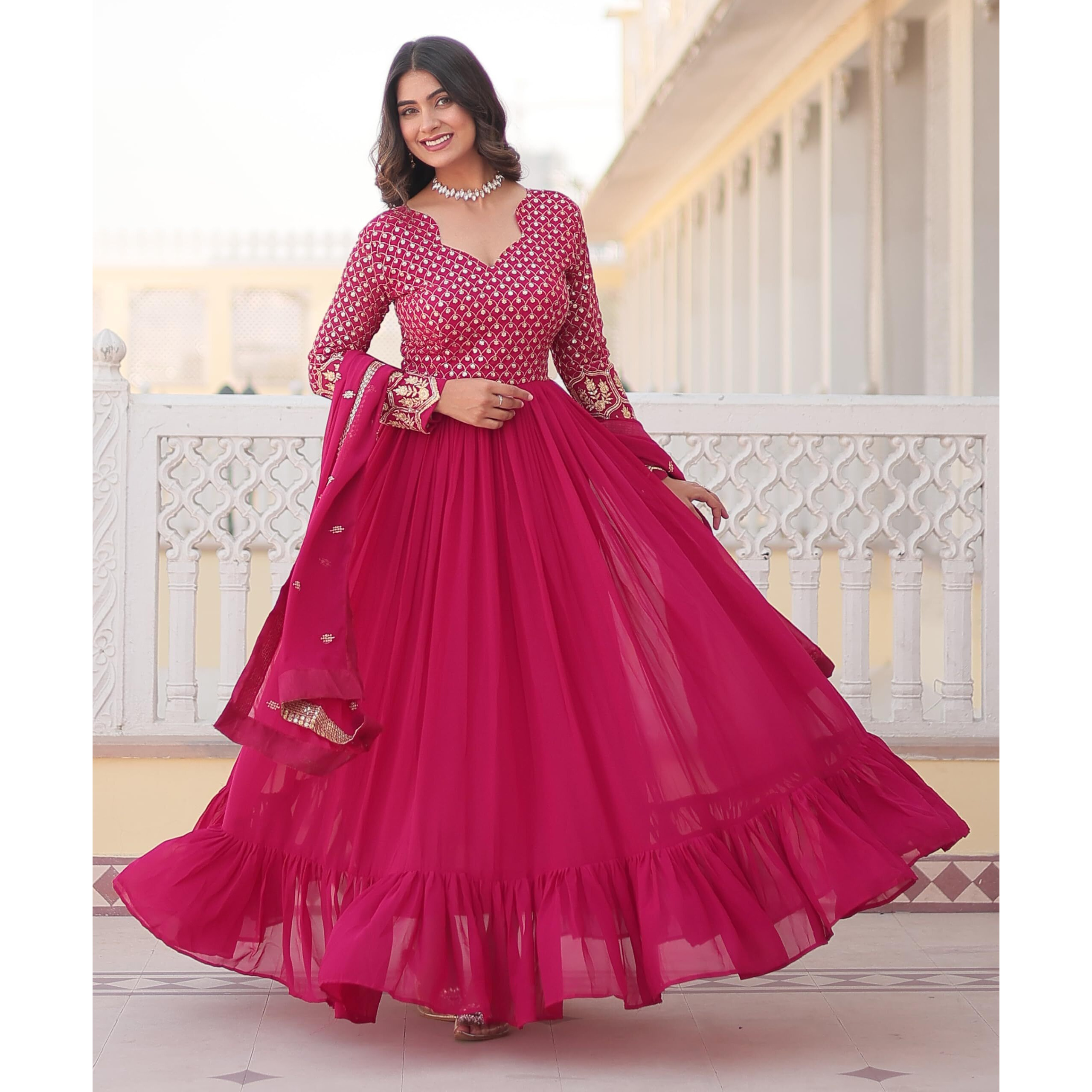 Fashion Basket Women's Georgette Anarkali Kurta Set with Duptta for Women (in, Alpha, 2XL, Regular, Pink)