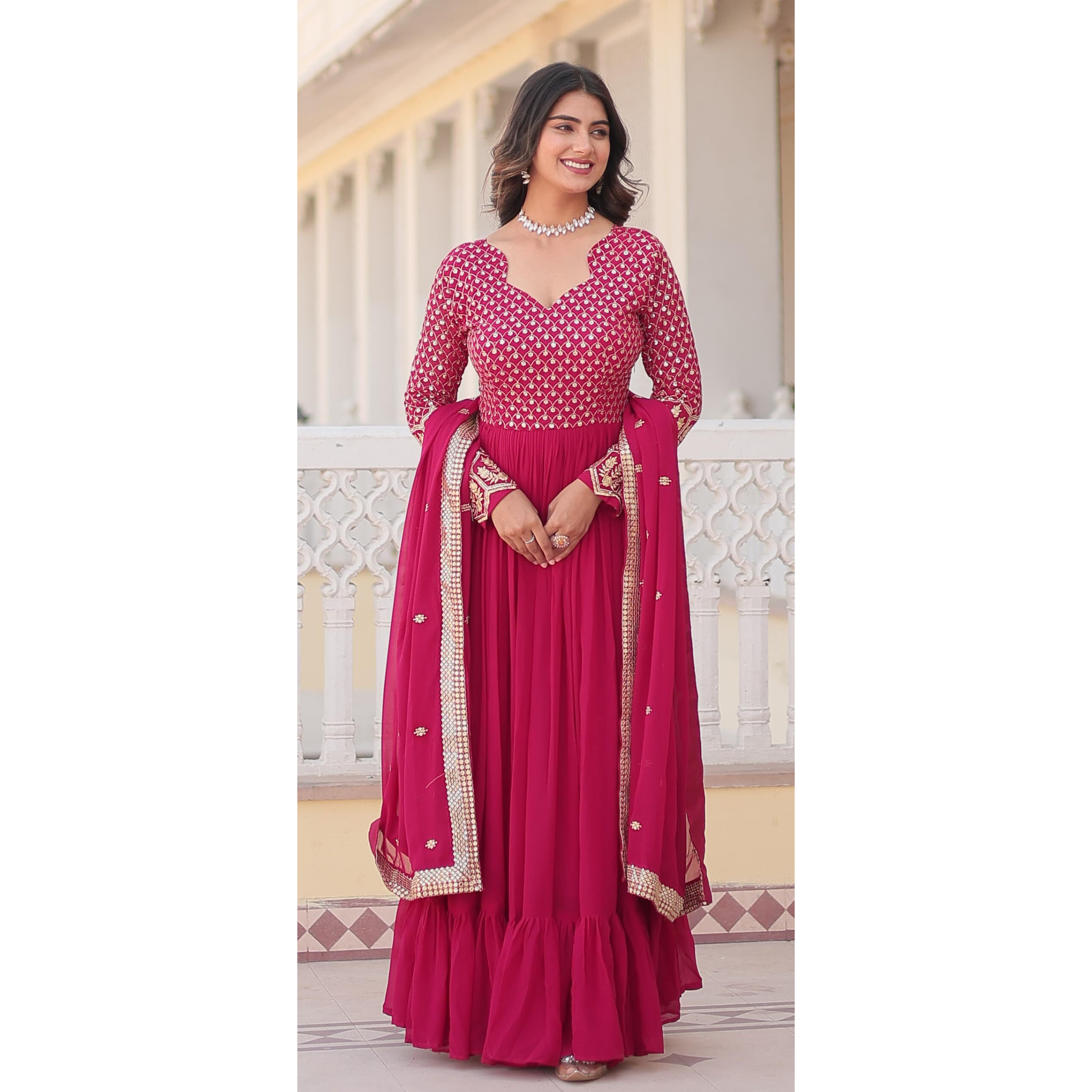 Fashion Basket Women's Georgette Anarkali Kurta Set with Duptta for Women (in, Alpha, 2XL, Regular, Pink)