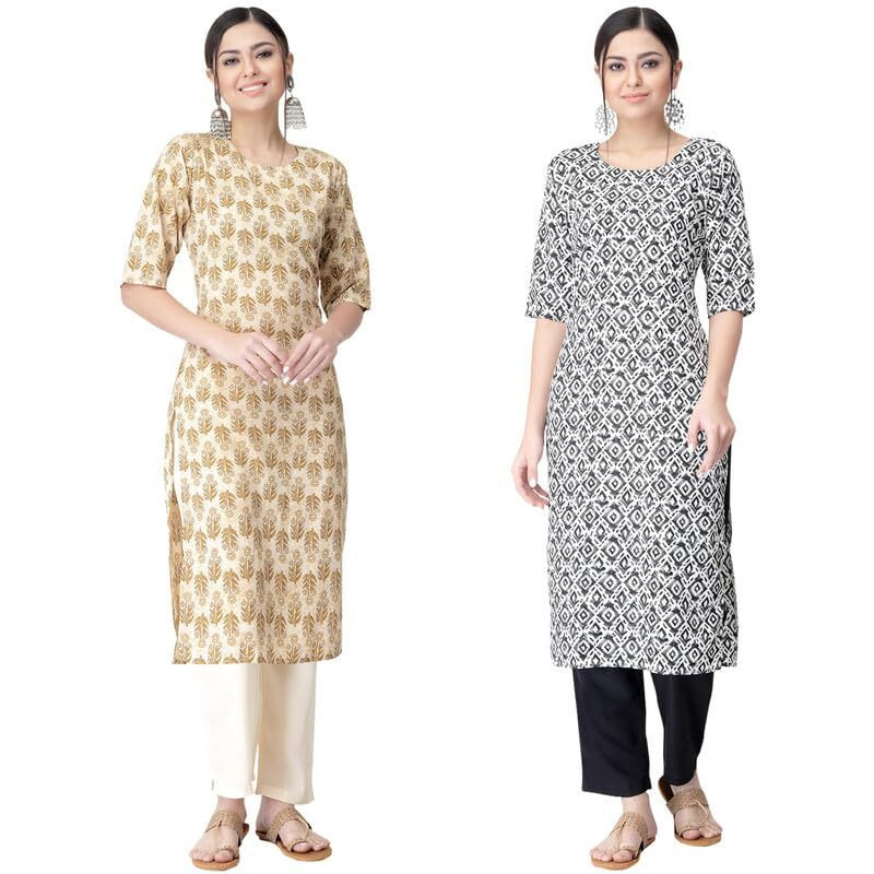 Pinkmint Kurta Set for Women ll Printed Kurti & Pant Set ll Regular Kurta Set ll (Pack of 2) Gold-Black