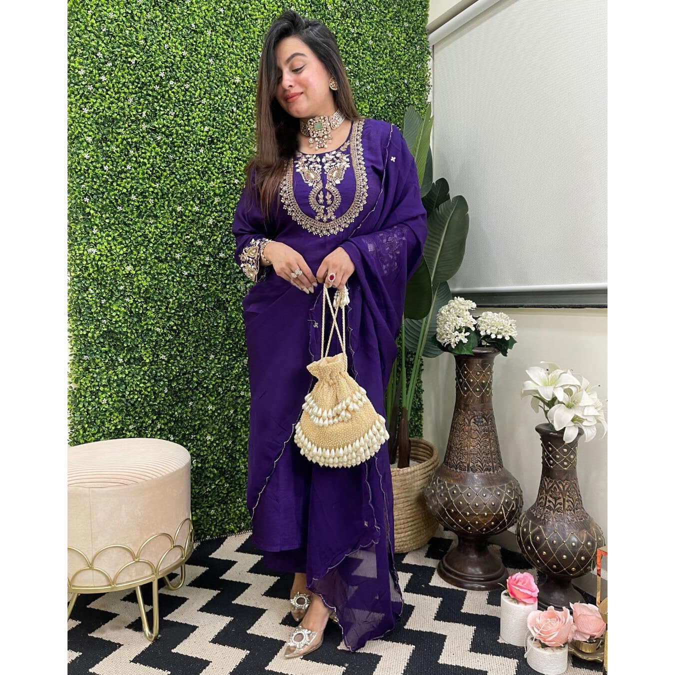 GoSriKi Women's Rayon Blend Staright Embroidered Kurta with Pant & Dupatta (Hansika BEGANI-GS_S_Begani_Small)