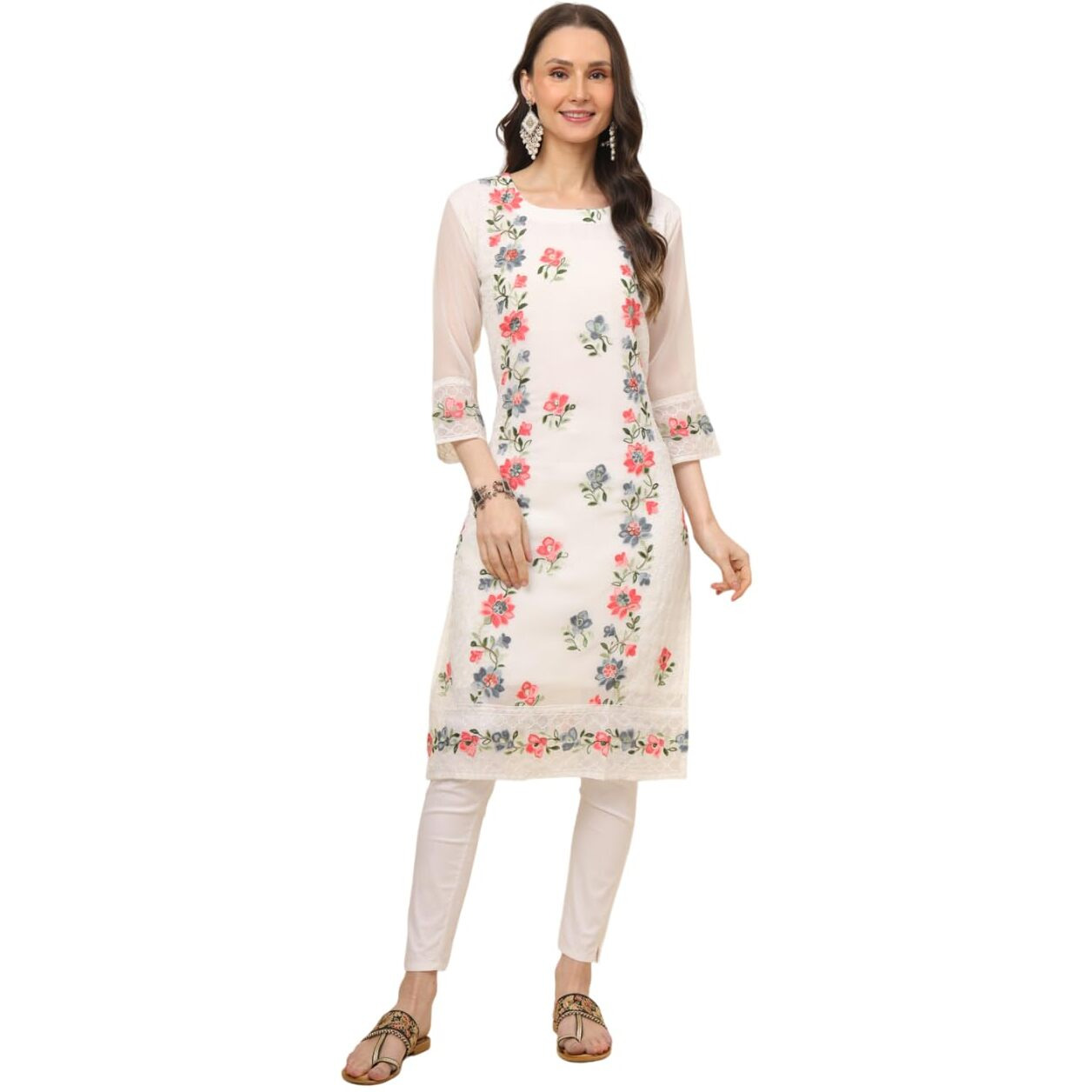 Ekasya Women's Georgette Straight Cut Round Neck Kurta with Beautiful Embroidery Work (E1628) White