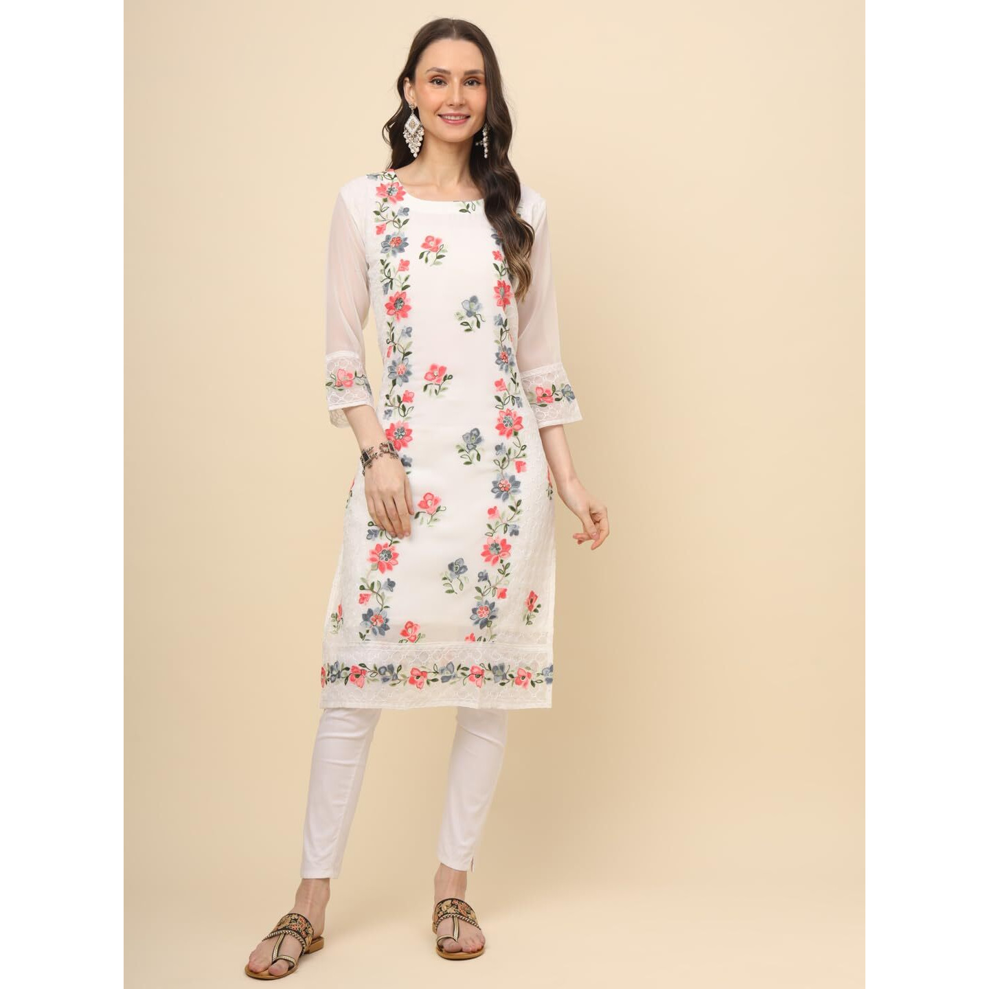 Ekasya Women's Georgette Straight Cut Round Neck Kurta with Beautiful Embroidery Work (E1628) White