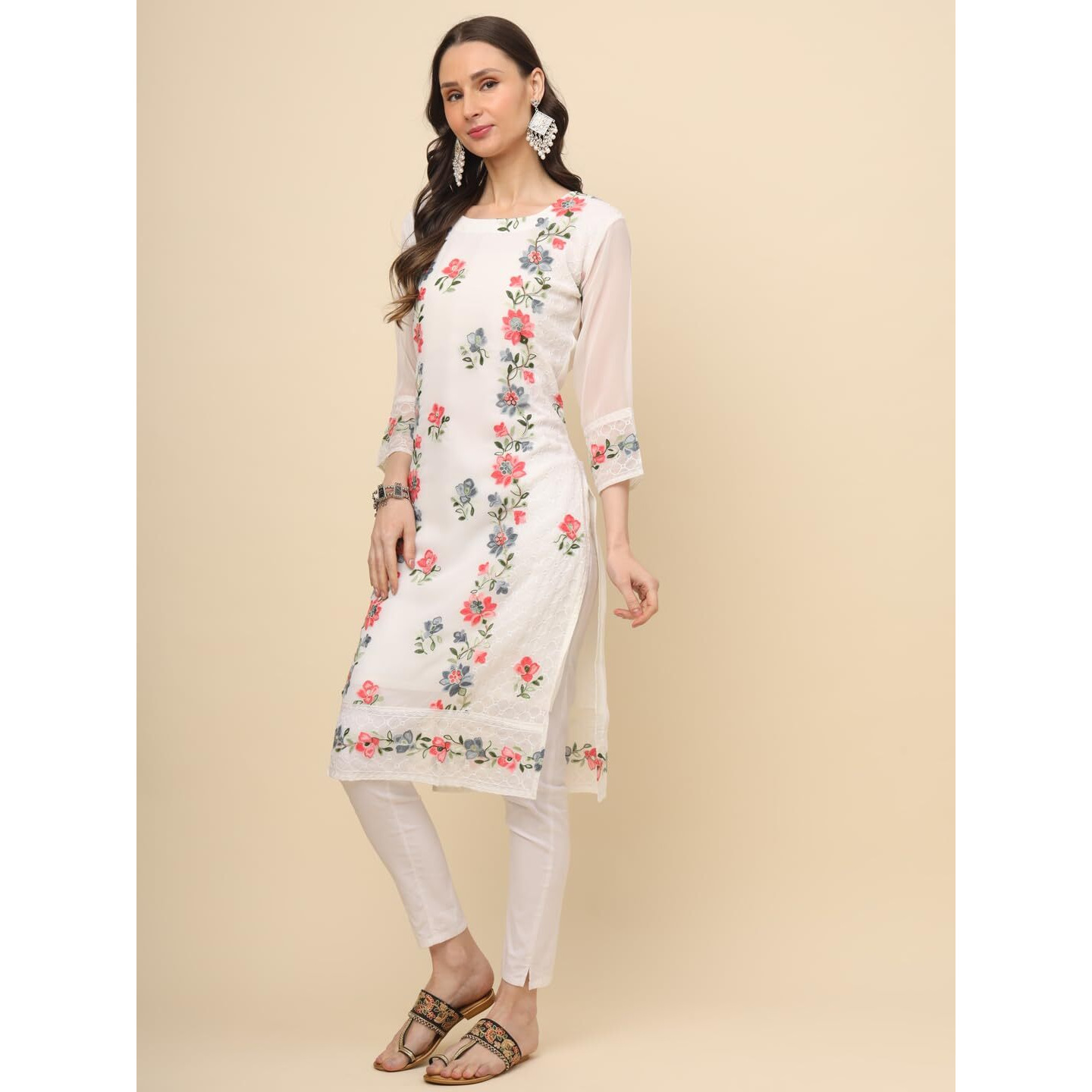 Ekasya Women's Georgette Straight Cut Round Neck Kurta with Beautiful Embroidery Work (E1628) White