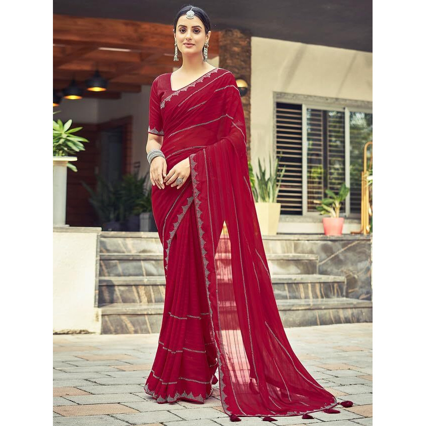 Satrani Women's Georgette Stone Work Border & Piping Border & Tassels Saree with Unstitched Blouse Piece (3432S301N_Red1)