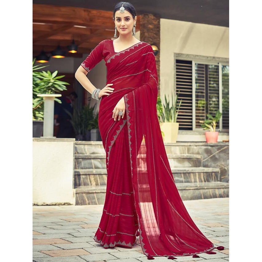 Satrani Women's Georgette Stone Work Border & Piping Border & Tassels Saree with Unstitched Blouse Piece (3432S301N_Red1)