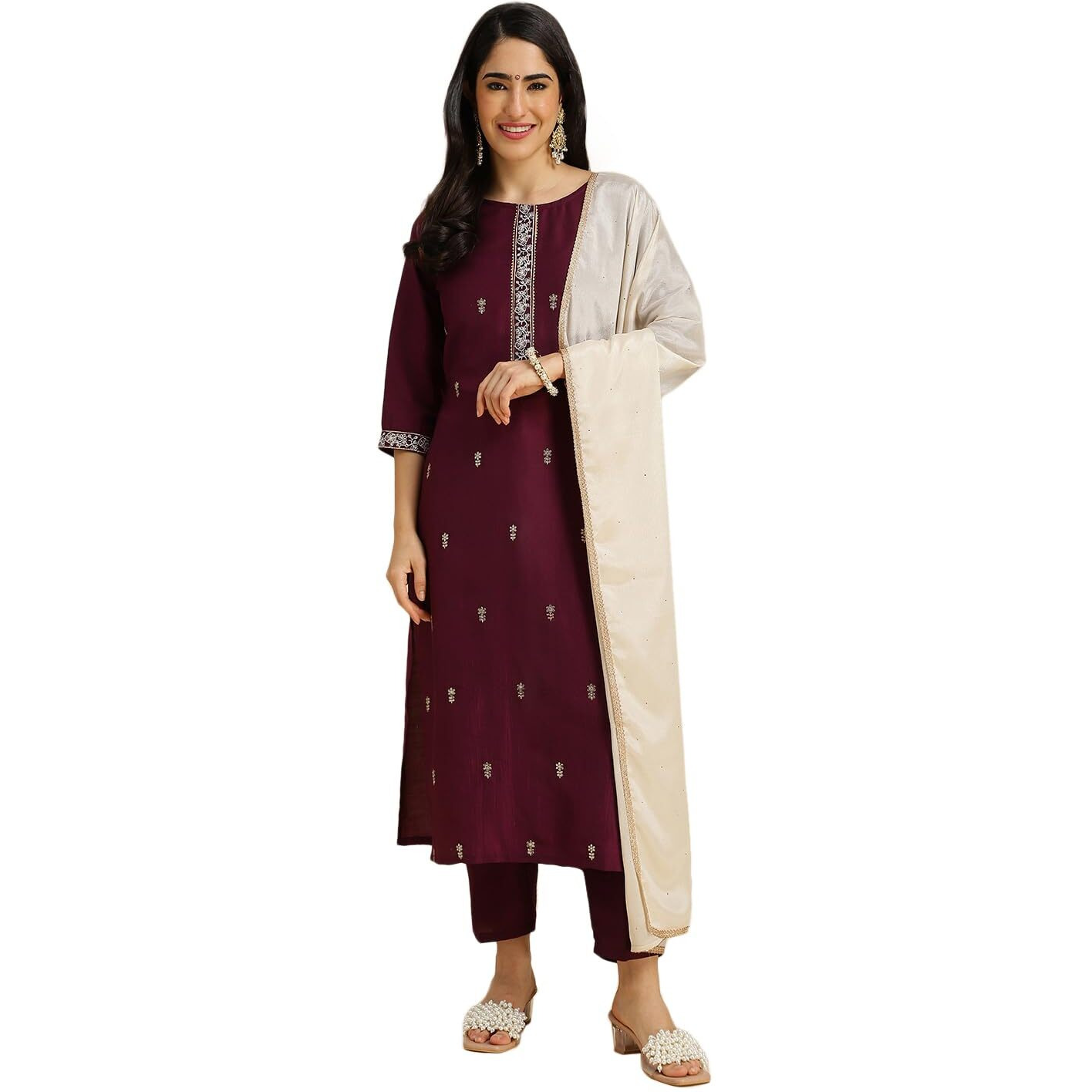 MOKOSH Women's Embroidered Chinon Kurta Pant with Dupatta Set (404-05-XXL-D_Wine)