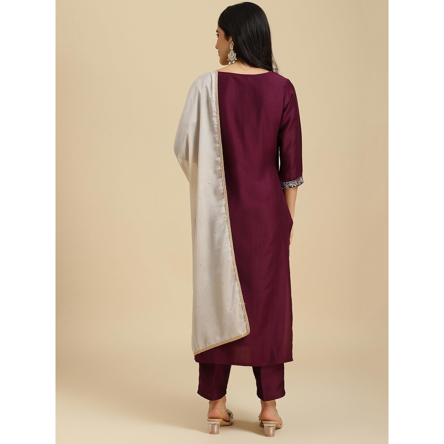 MOKOSH Women's Embroidered Chinon Kurta Pant with Dupatta Set (404-05-XXL-D_Wine)