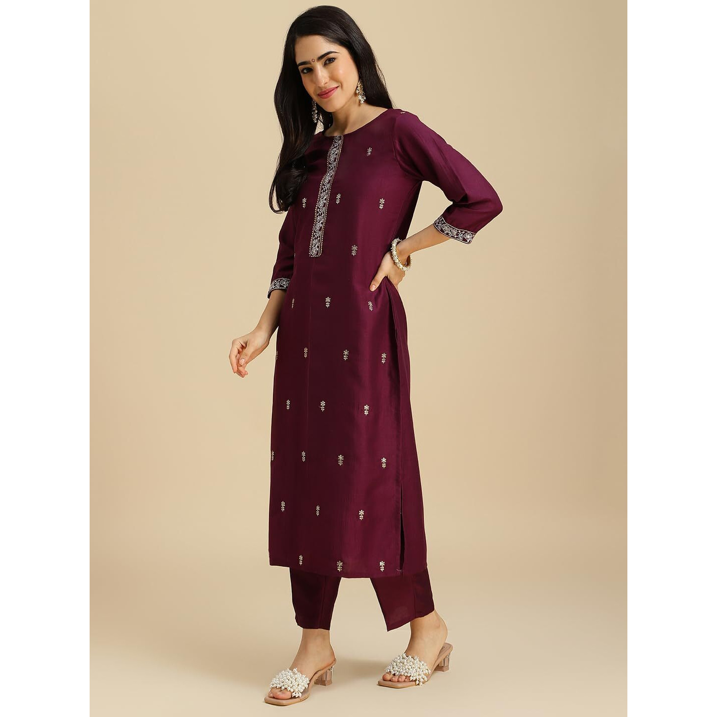 MOKOSH Women's Embroidered Chinon Kurta Pant with Dupatta Set (404-05-XXL-D_Wine)