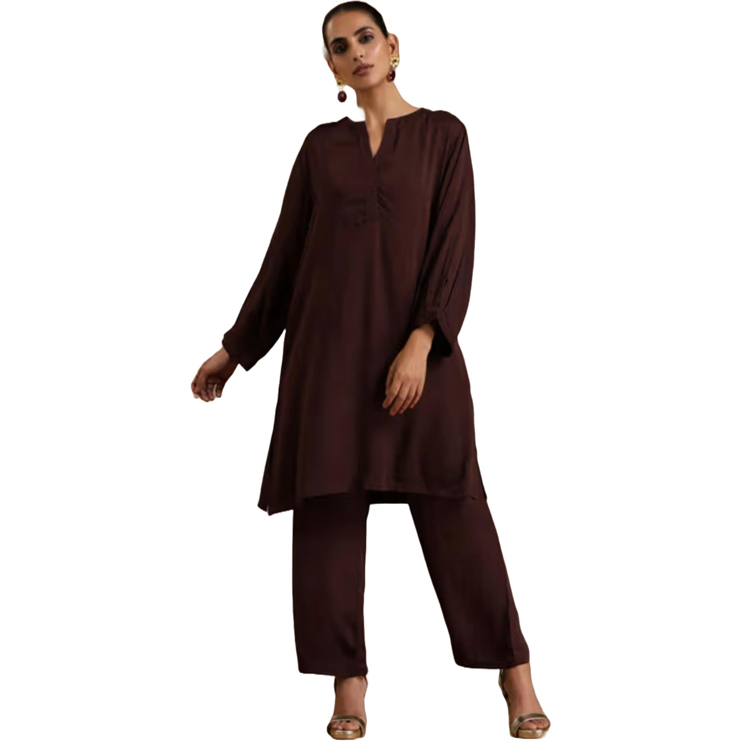 Modestouze Attires Women's Knee Length Oversized V Neck Cuffed Sleeves Kurti And Pant Set (Brown) (MAK91)