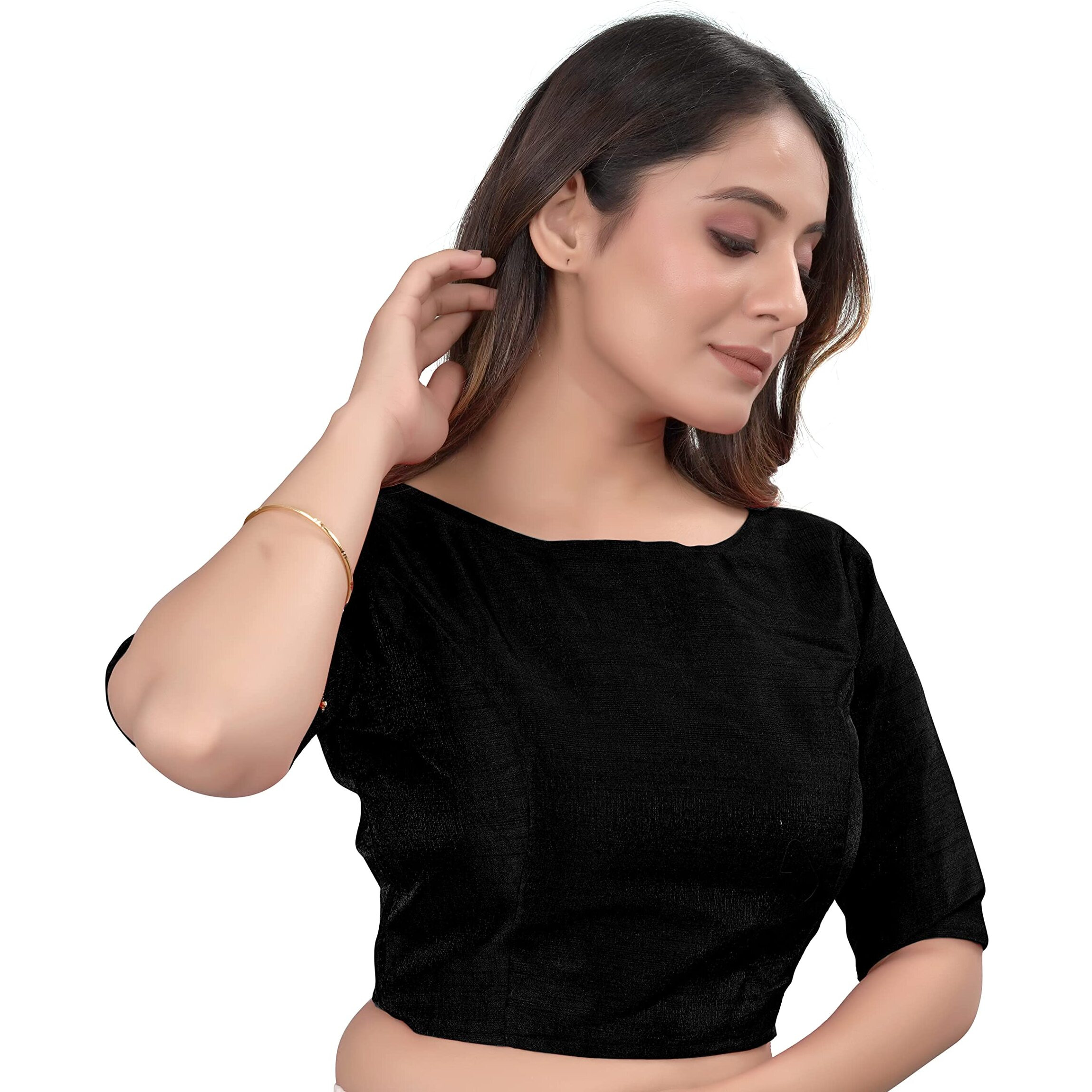Vihu Fashion Women's Slub Silk Boat Neck with Elbow Length Sleeve Plain Fancy Blouse(Slub Black_M)