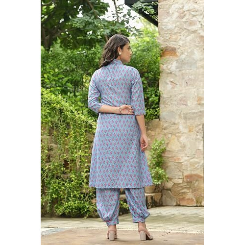 Leriya Fashion RAYON PRINTED A-LINE FRONT OPEN CO-ORD KURTA SET FOR WOMEN (LF-W2127&TR1094-S-BLUE)