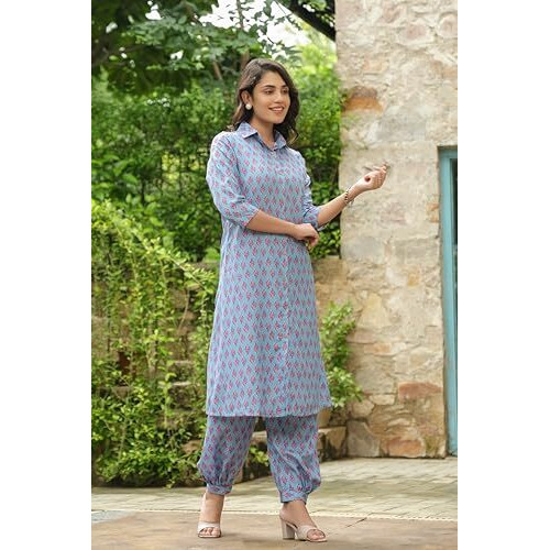 Leriya Fashion RAYON PRINTED A-LINE FRONT OPEN CO-ORD KURTA SET FOR WOMEN (LF-W2127&TR1094-S-BLUE)