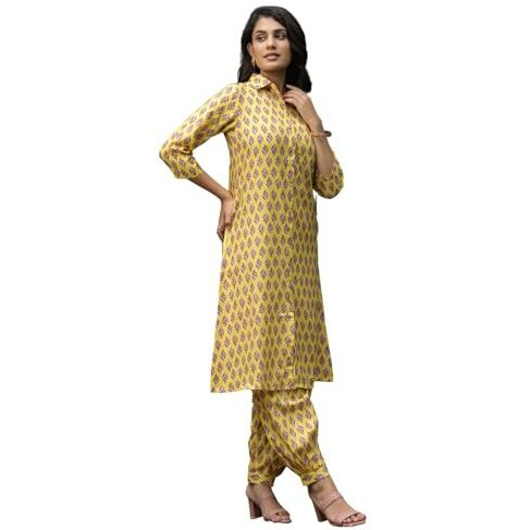 Leriya Fashion RAYON PRINTED A-LINE FRONT OPEN CO-ORD KURTA SET FOR WOMEN (LF-W2126&TR1093-S-YELLOW)