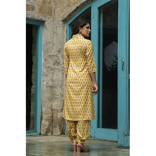 Leriya Fashion RAYON PRINTED A-LINE FRONT OPEN CO-ORD KURTA SET FOR WOMEN (LF-W2126&TR1093-S-YELLOW)