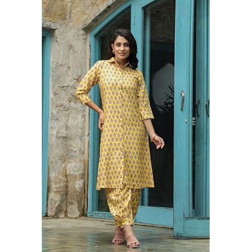 Leriya Fashion RAYON PRINTED A-LINE FRONT OPEN CO-ORD KURTA SET FOR WOMEN (LF-W2126&TR1093-S-YELLOW)