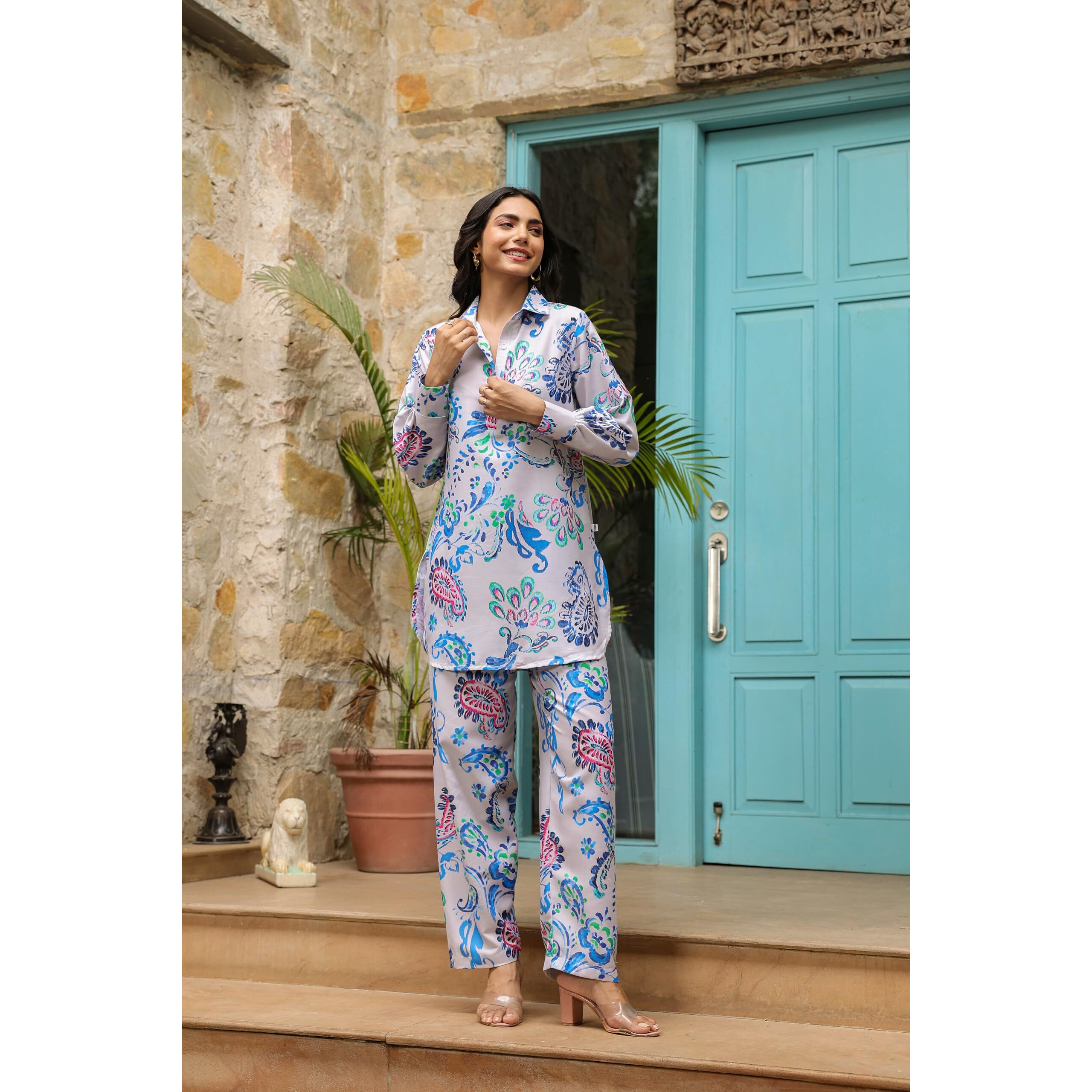 LERIYA FASHION Women's Rayon Printed Regular Western CO-ORD Set (LF-W2109&TR1064_Blue_2XL)