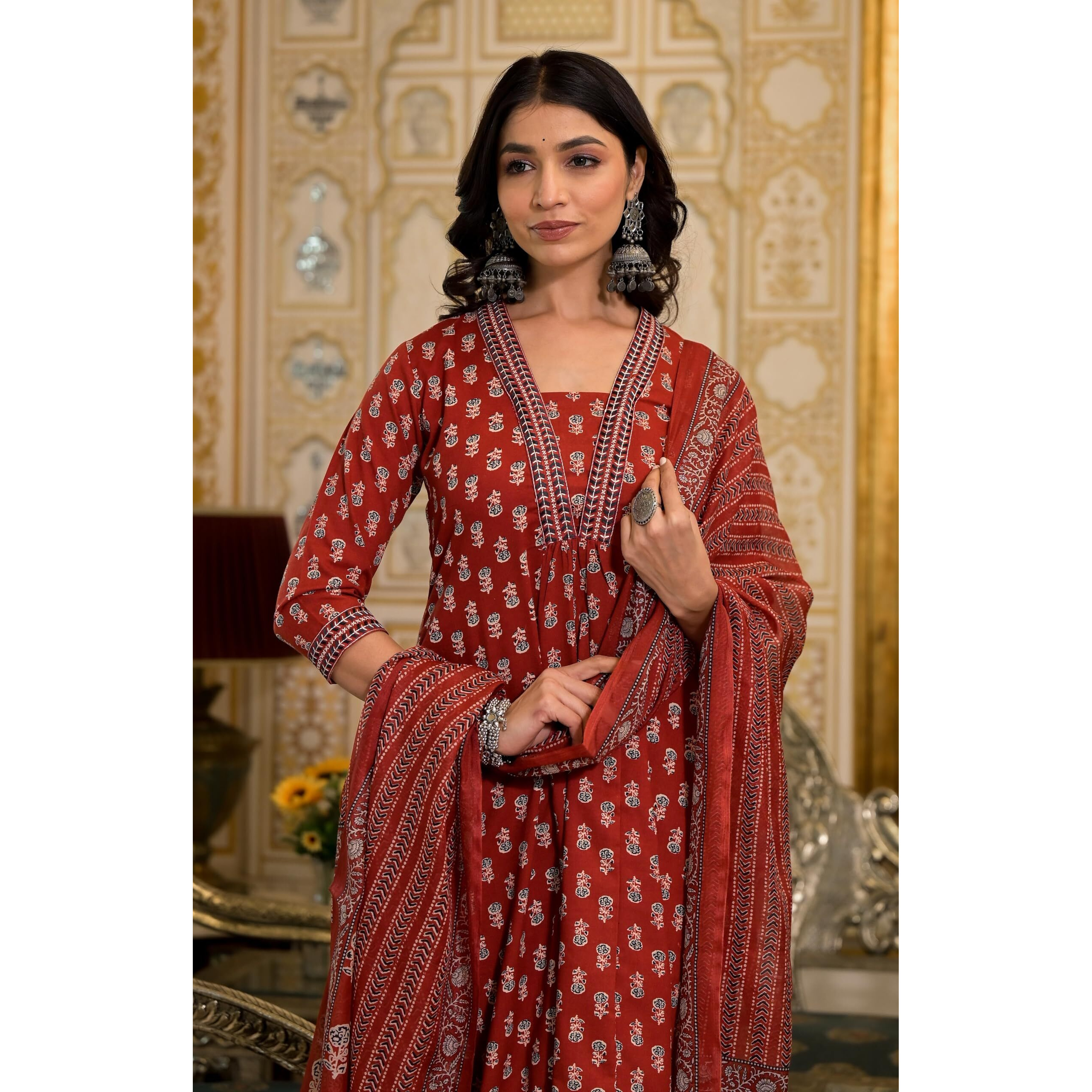 KLOSIA Women's Printed A-Line Kurta and Pant Set with Dupatta with Embroidered Neck Work | Suit | Embroidery | Ethnic Set | Kurta set for Women | (X-Large)