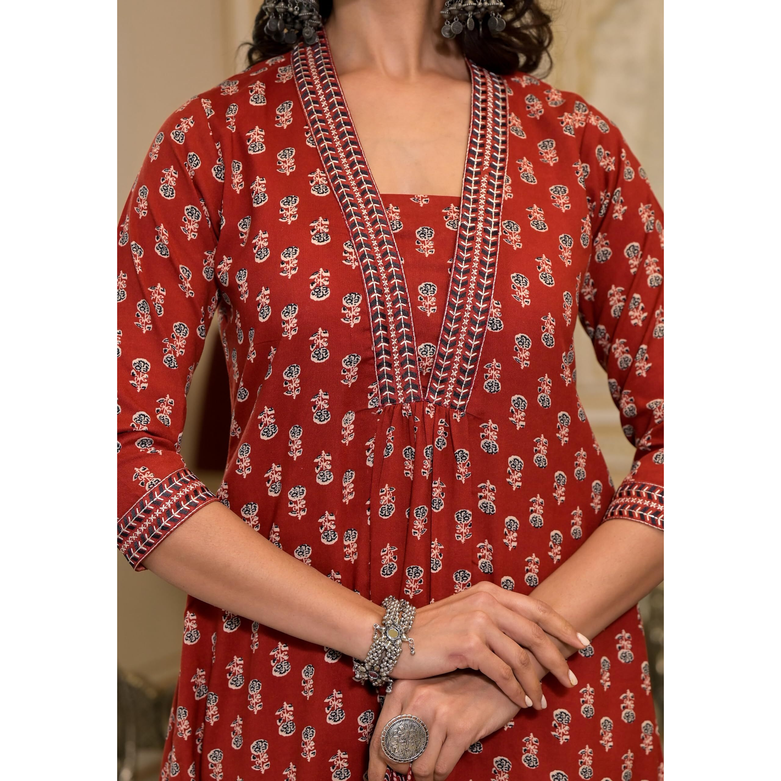 KLOSIA Women's Printed A-Line Kurta and Pant Set with Dupatta with Embroidered Neck Work | Suit | Embroidery | Ethnic Set | Kurta set for Women | (X-Large)