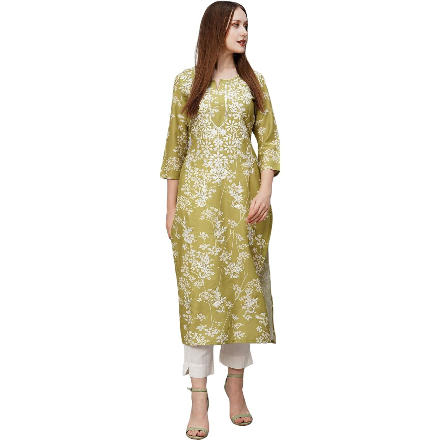 GoSriKi Women's Cotton Blend Chikankari EmbroideGreen Straight Kurta (Rutika-Mehandi-GS_XL_Green_X-Large)