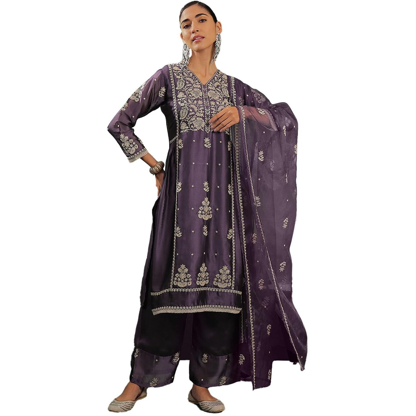 SheWill Women Embroidered Sequence Lavender Kurta with Plazzo and Dupatta (PHSKS732_AT25_3XL)