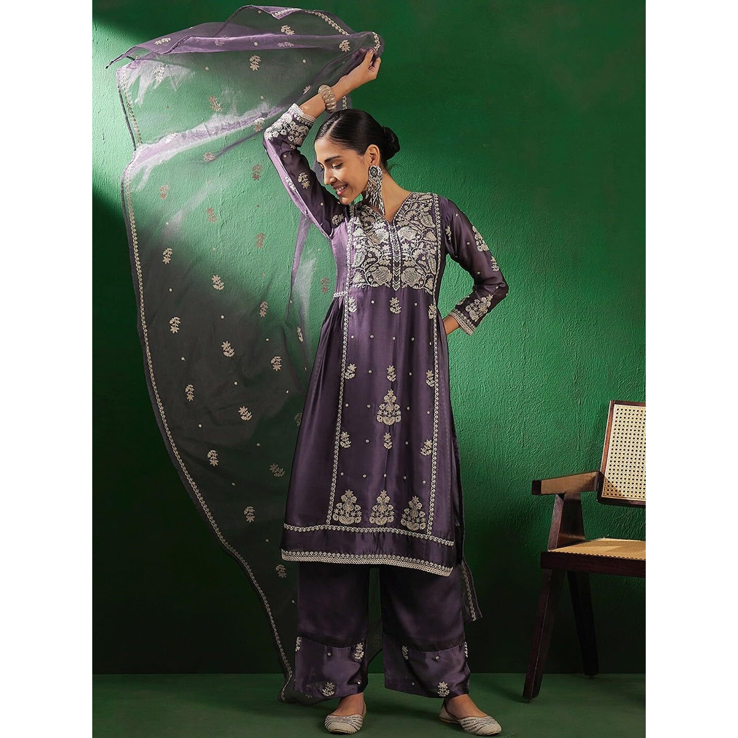 SheWill Women Embroidered Sequence Lavender Kurta with Plazzo and Dupatta (PHSKS732_AT25_3XL)