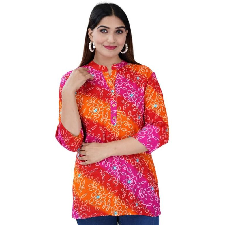 Jikonet Women's Printed Rayon Straight Short Kurti - 526, (Large, Chundadi)