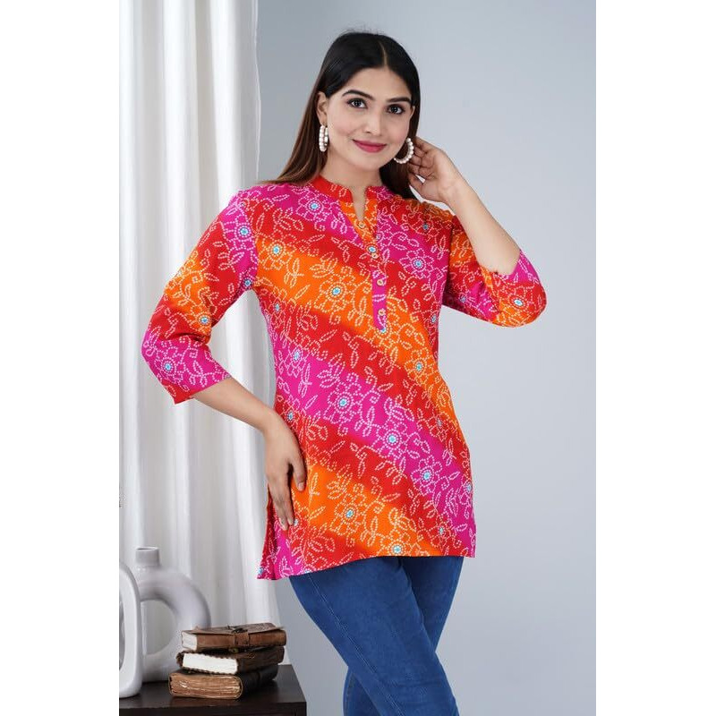 Jikonet Women's Printed Rayon Straight Short Kurti - 526, (Large, Chundadi)
