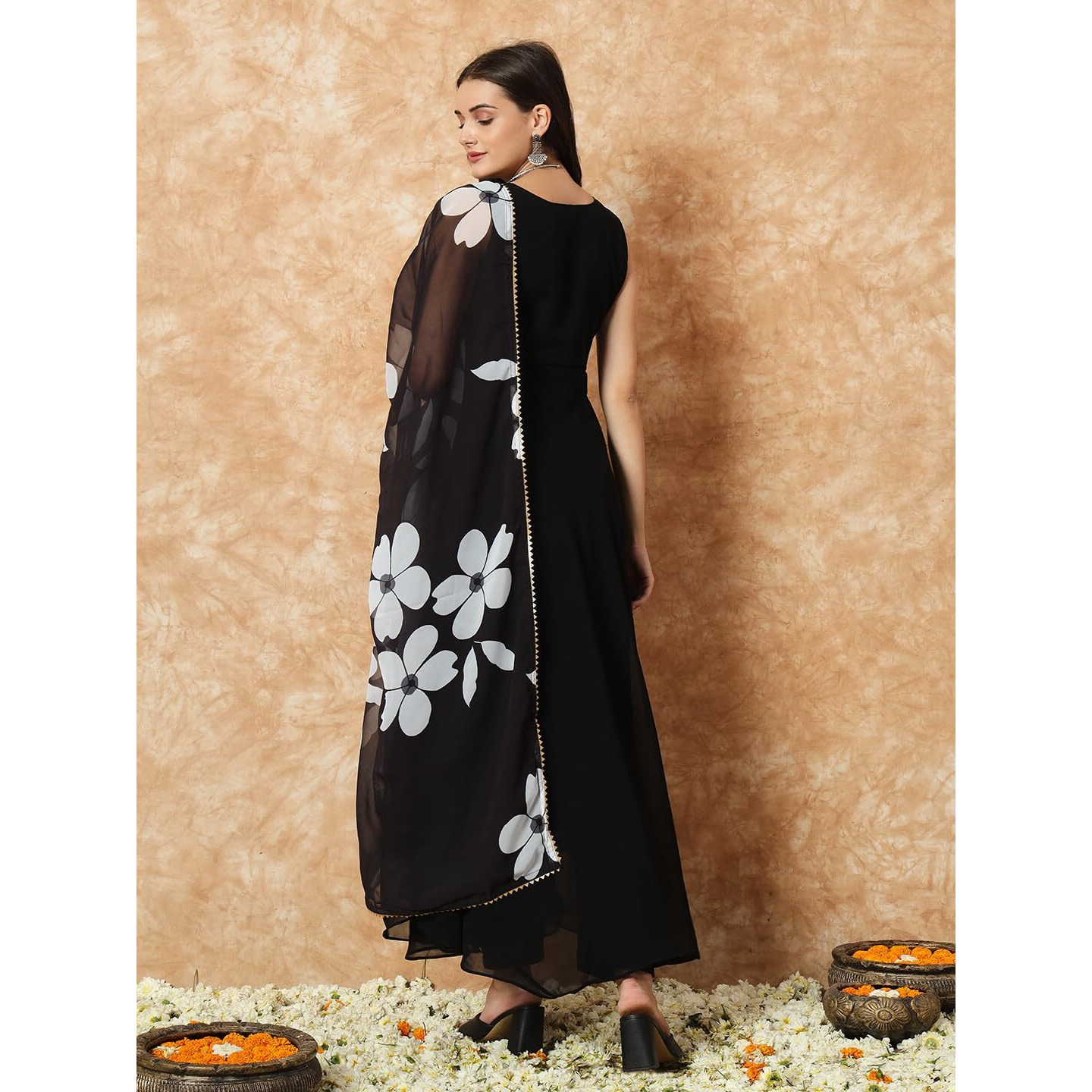 Fashion Basket Women's Georgette Anarkali Kurta Set with Duptta for Women (in, Alpha, M, Regular, Black)