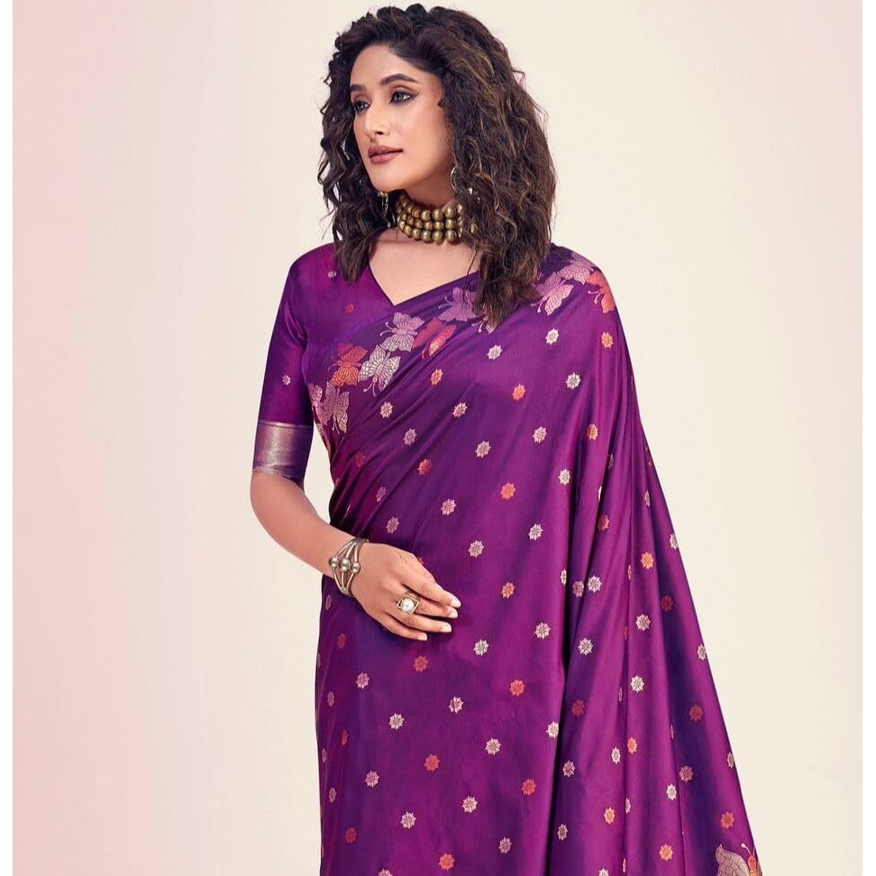 Flosive Women's Latest Color Kanjivaram Silk Saree With Blouse (PURPLE)