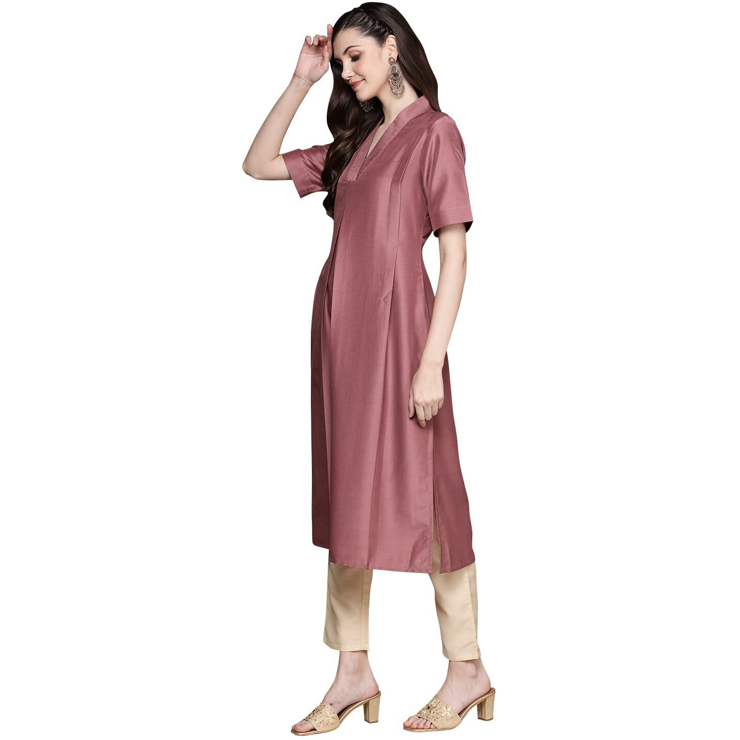 ZIYAA Women's Brown Chinon Straight Kurta and Pant Set(ZIKUCH3867ANDPA-XXL)