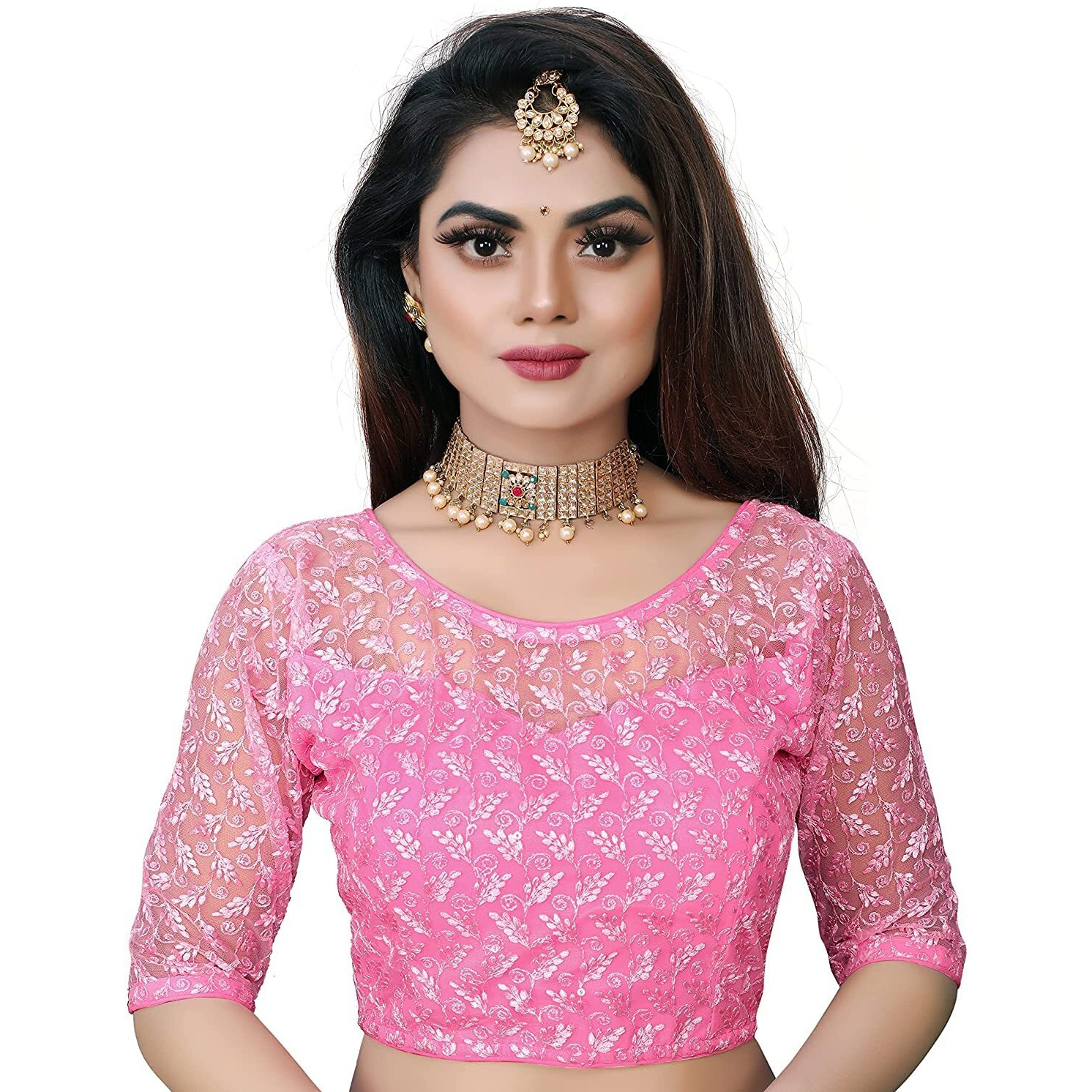 Pujia Mills Women's Shipali Net Work Half Sleeves Blouse (Shipli Patti_ Baby Pink_38)